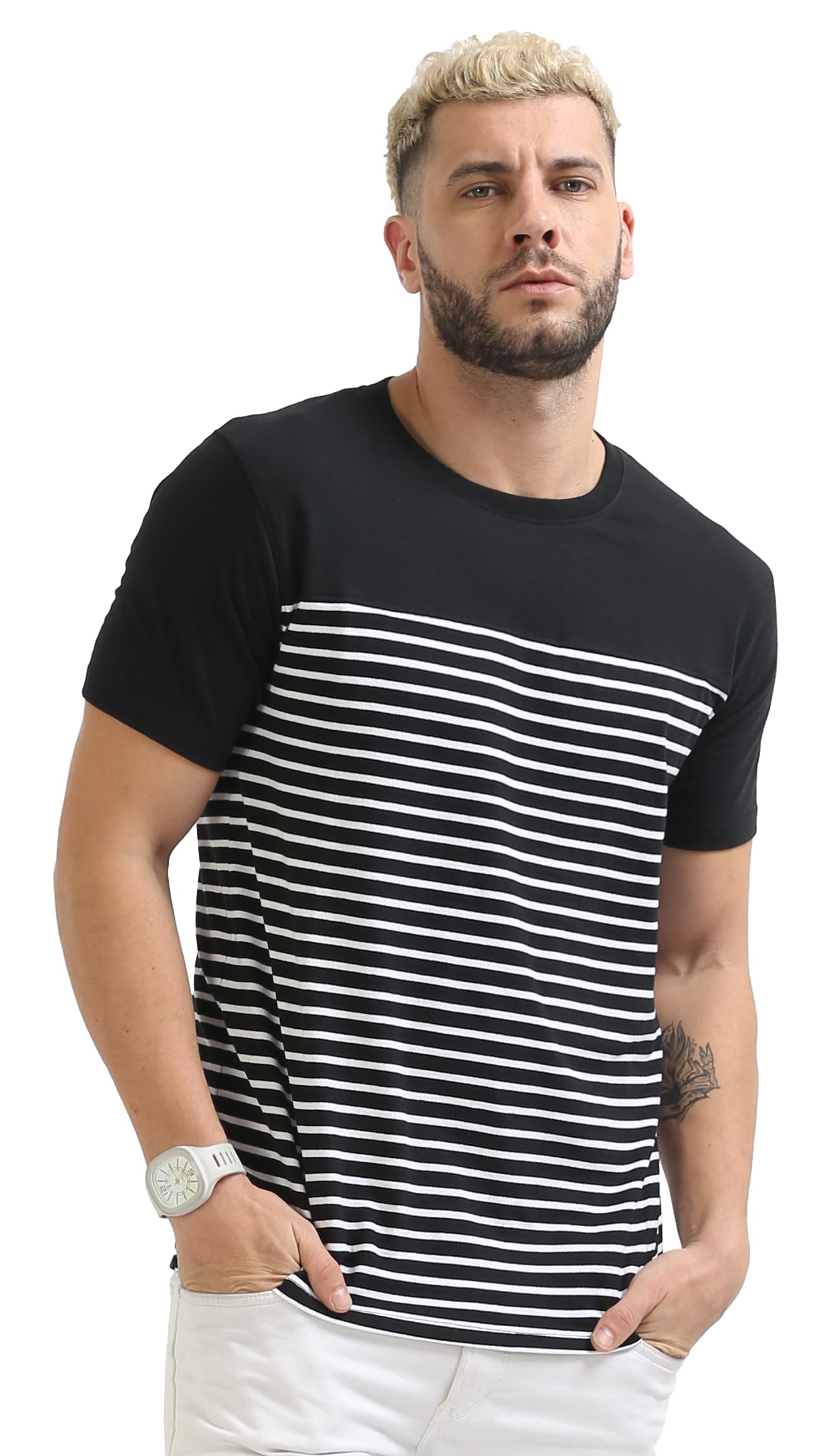 fanideaz Mens Cotton Half Sleeve Striped T Shirt - Black White