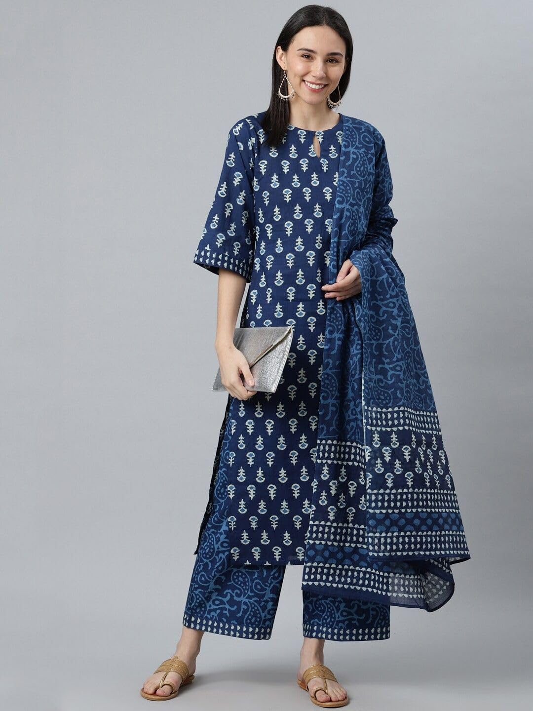 Amayra Women's Cotton Printed Kurta Set - Blue - Image 3