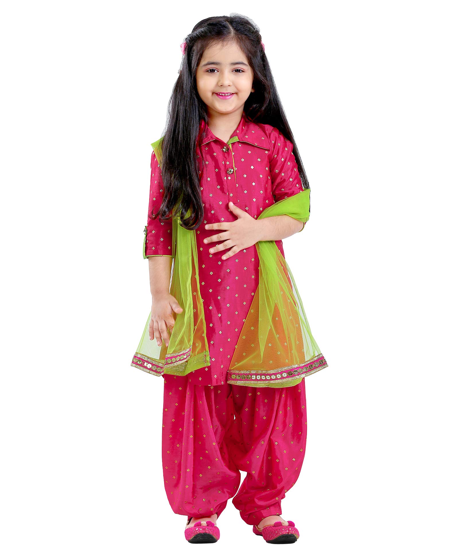 White Button Girl Silk Blend Patiala Suit - Fuchsia Pink