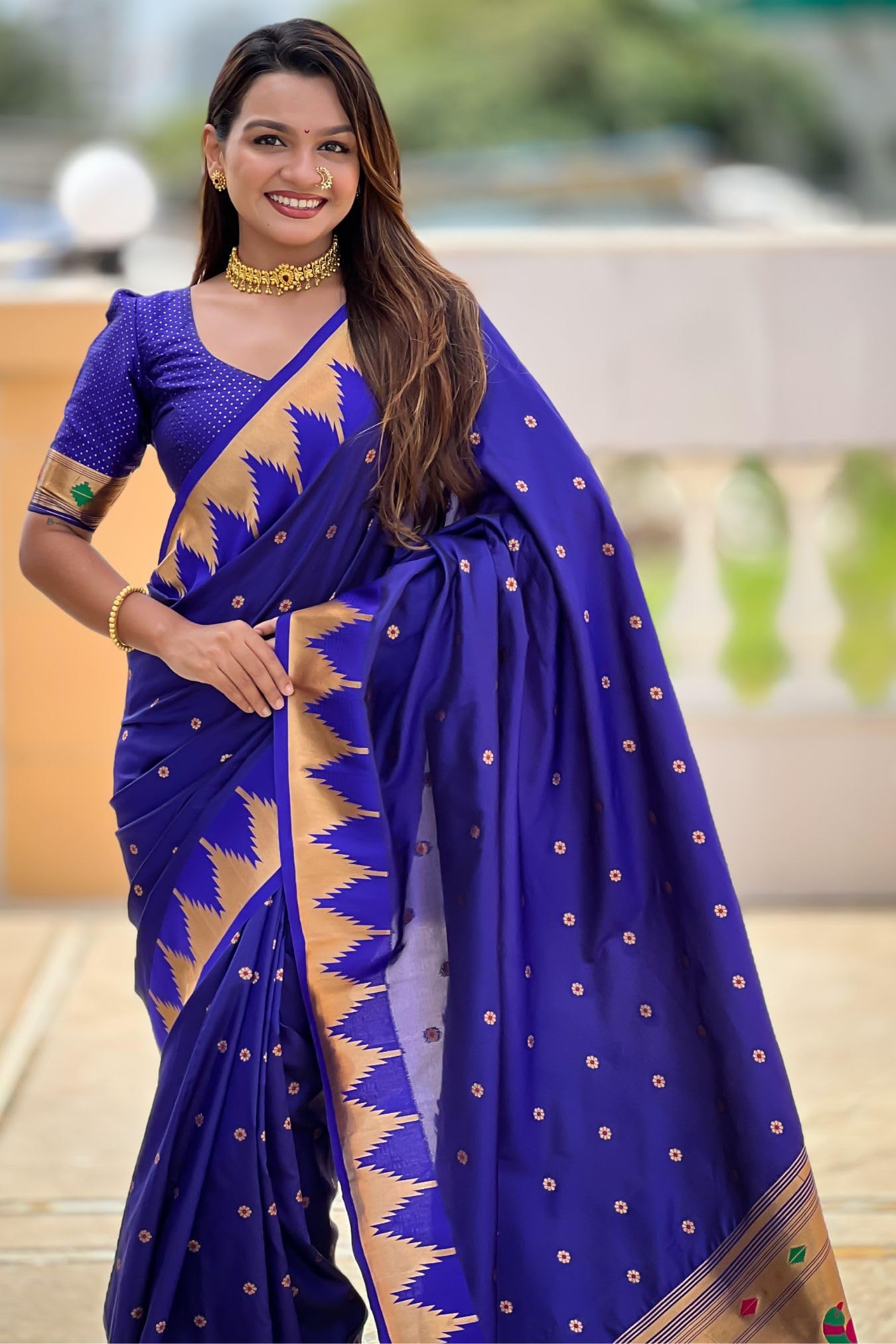 GarbGlide Women Paithani Lichi Silk Saree - Dark Blue - Image 3