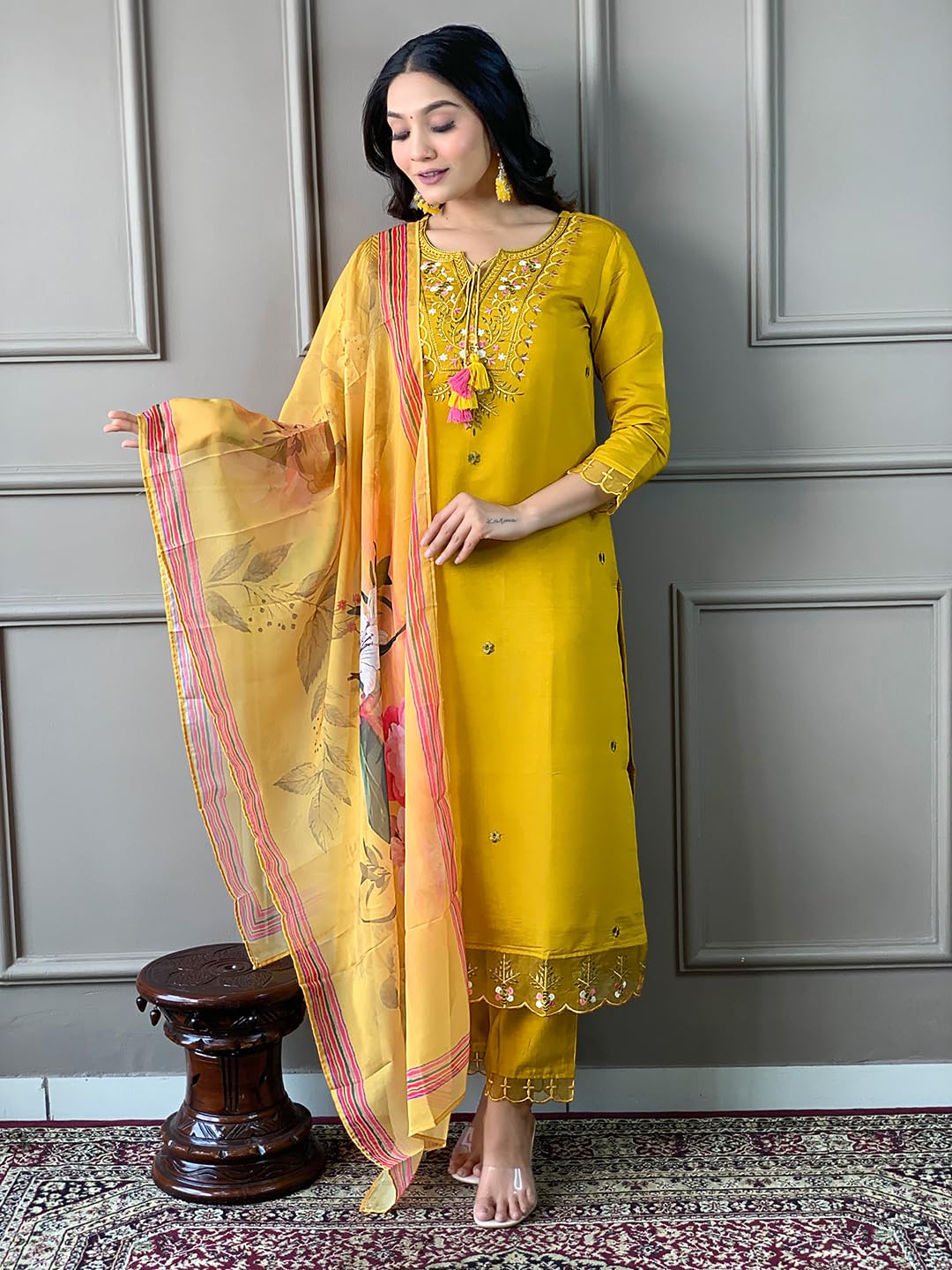 Naixa Women's Chanderi Embroidered Kurta with Silk Pant - Mustard - Image 2
