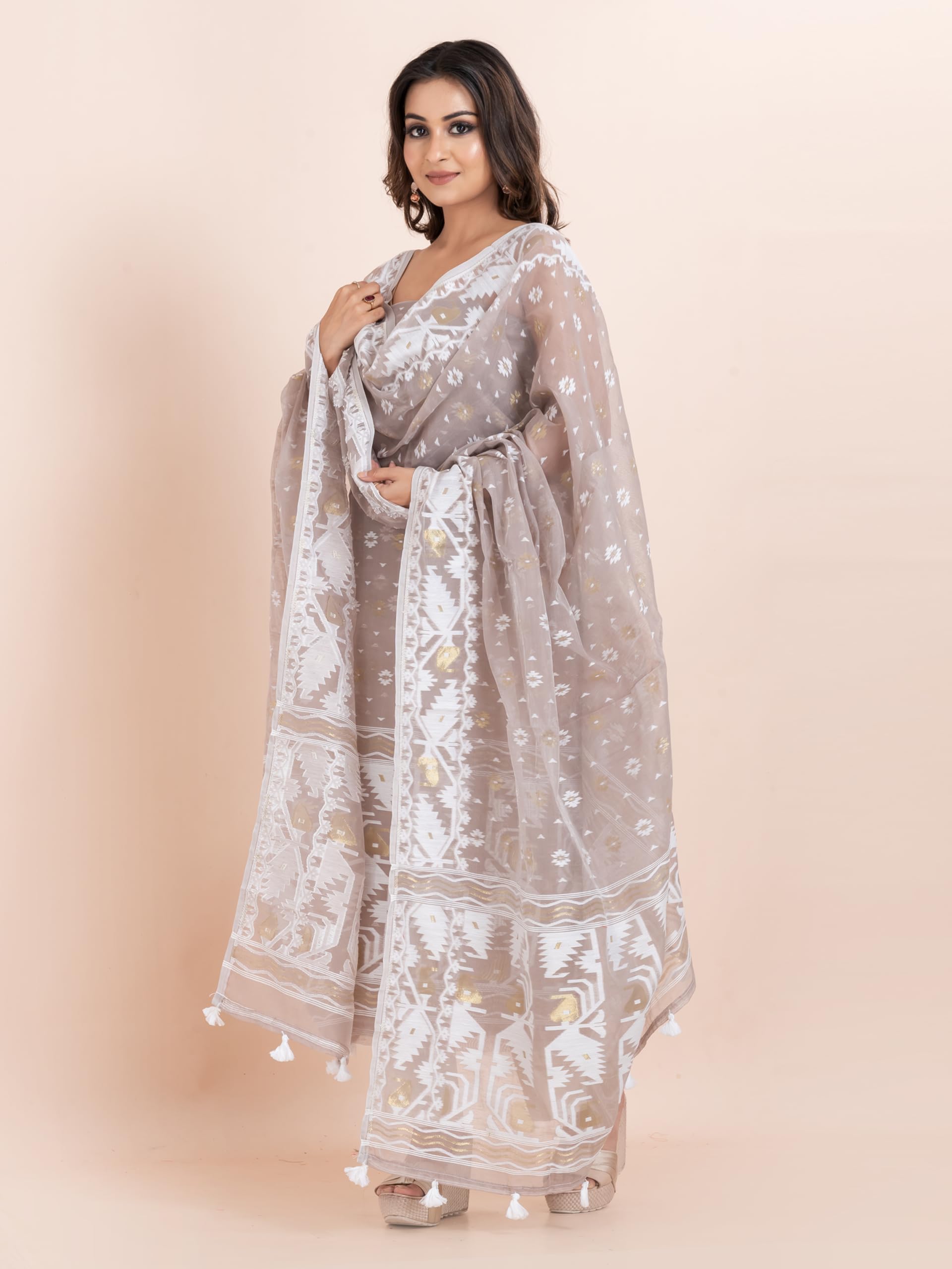 DURGA HANDLOOMS Dhakai Jamdani Kurti with Dupatta - Beige - Image 3