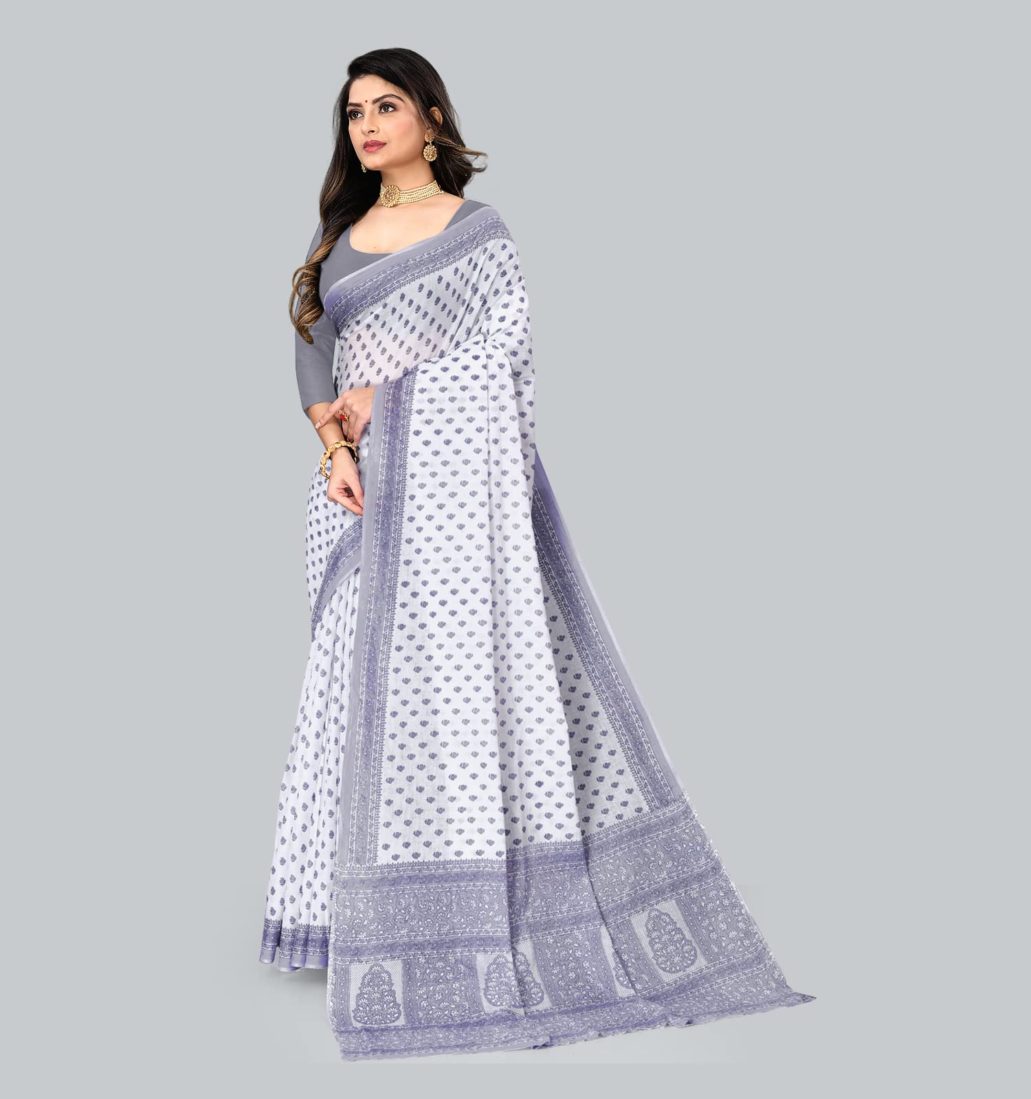 RATAN Women Cotton Saree - Grey White - Image 2