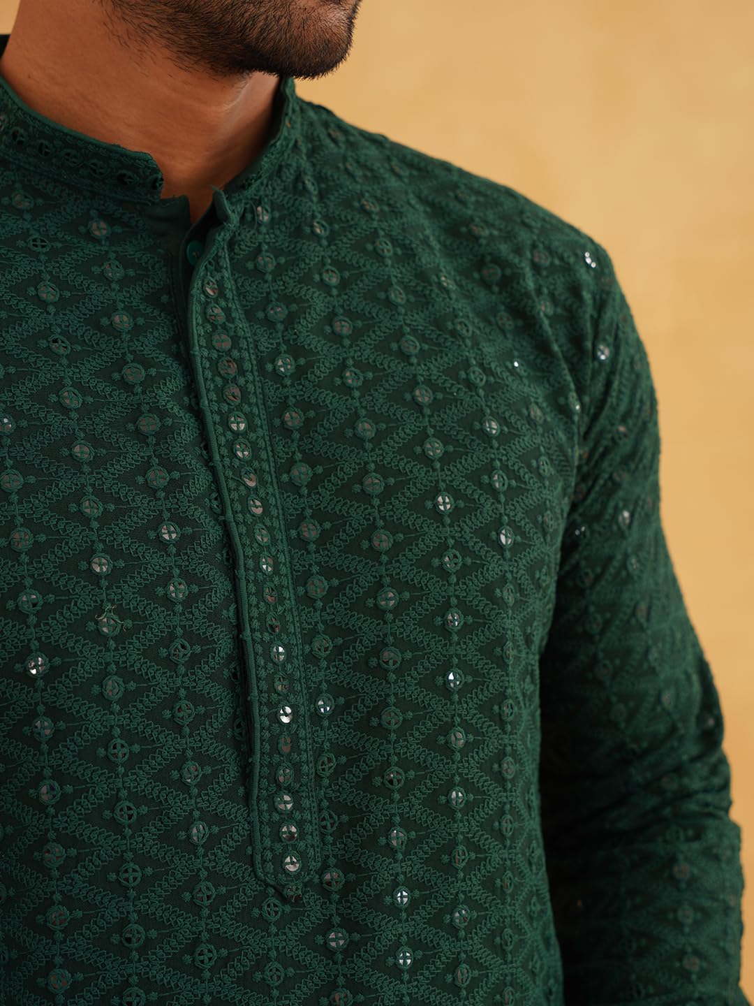 SOJANYA Men's Embroidered Green Cotton Kurta - Image 5