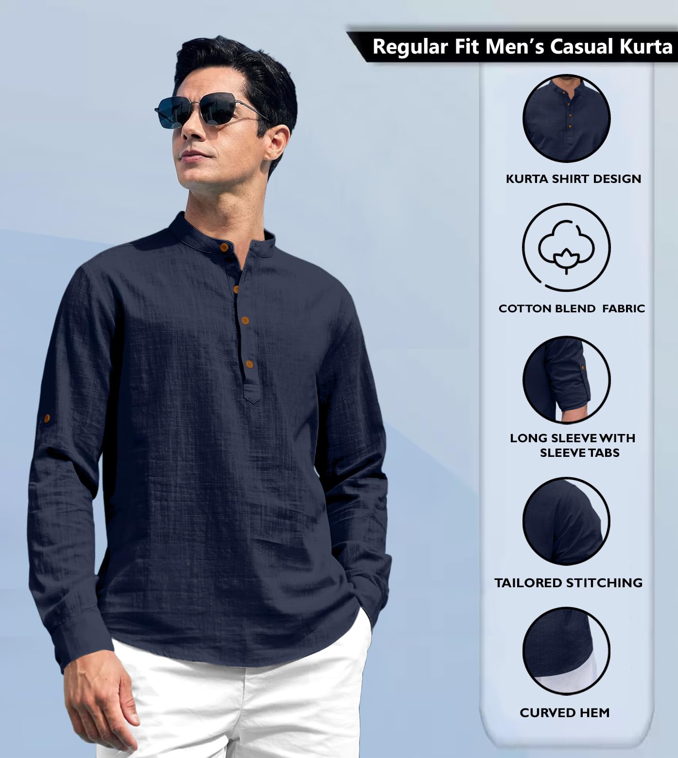 Zombom Navy Blue Cotton Blend Kurta for Men - Image 2