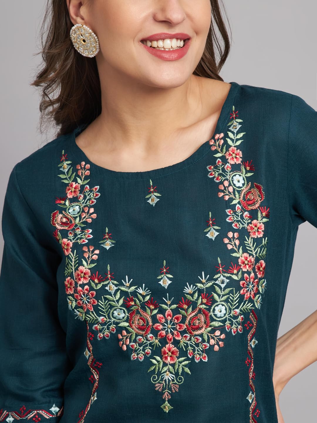 VredeVogel Women's Embroidered Kurta Pant Set - Teal - Image 5