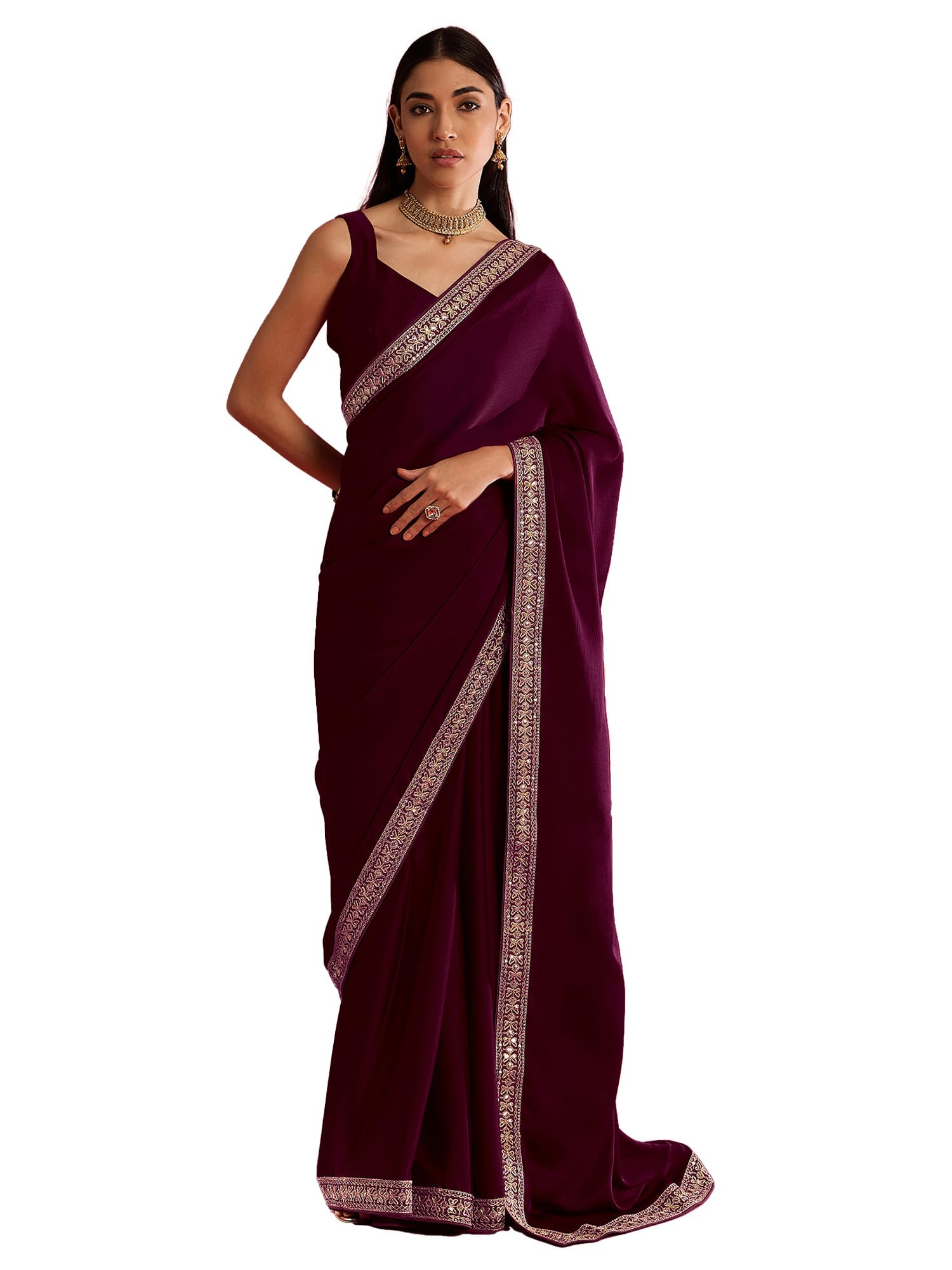 AKHILAM Women Magenta Satin Saree