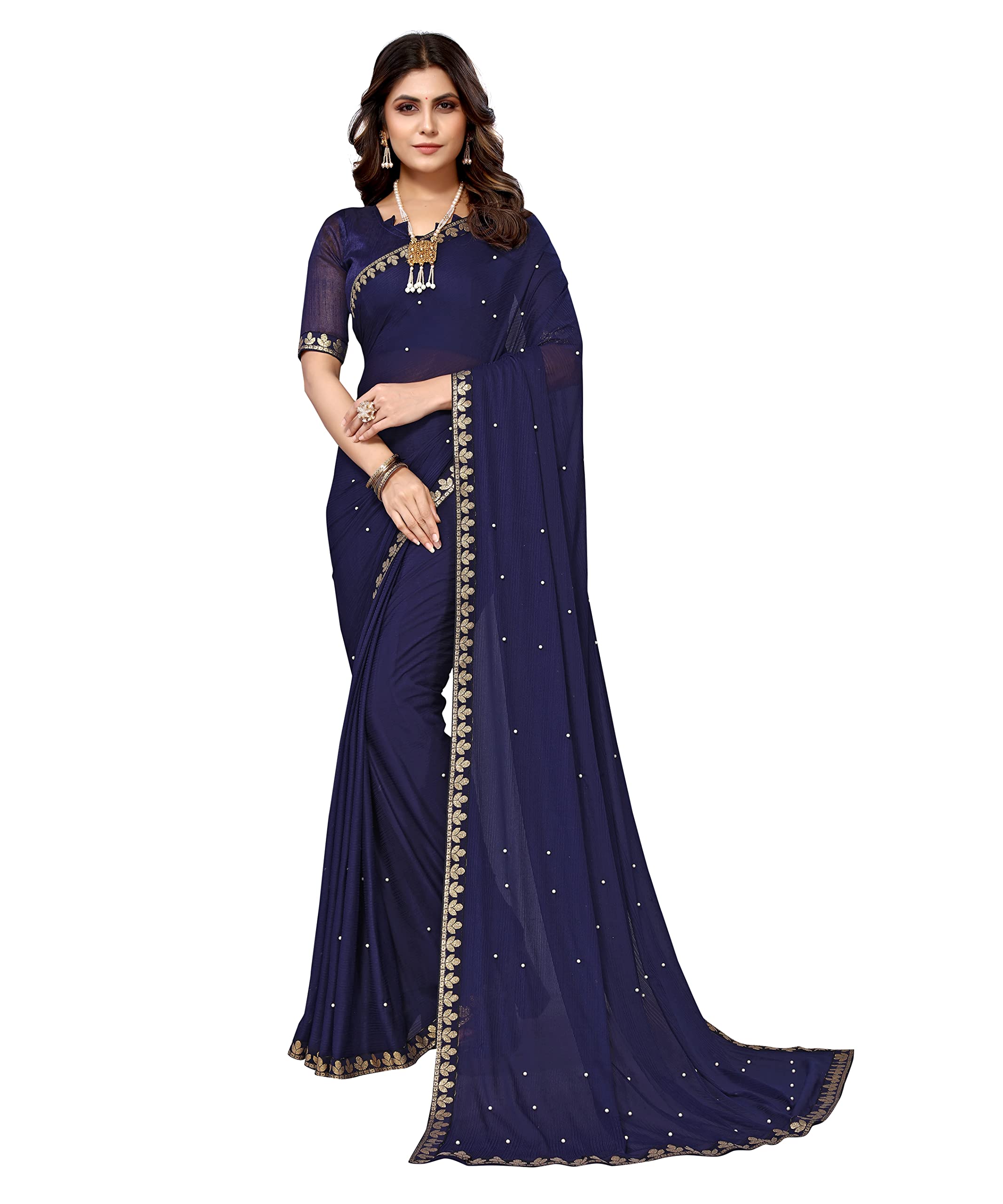 Yashika Women's Lycra Blend Saree - Navy