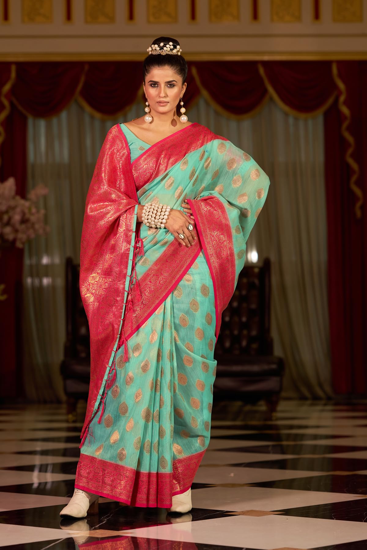 SWORNOF Kanjivaram Banarasi Silk Saree for Women - Sky Blue - Image 4