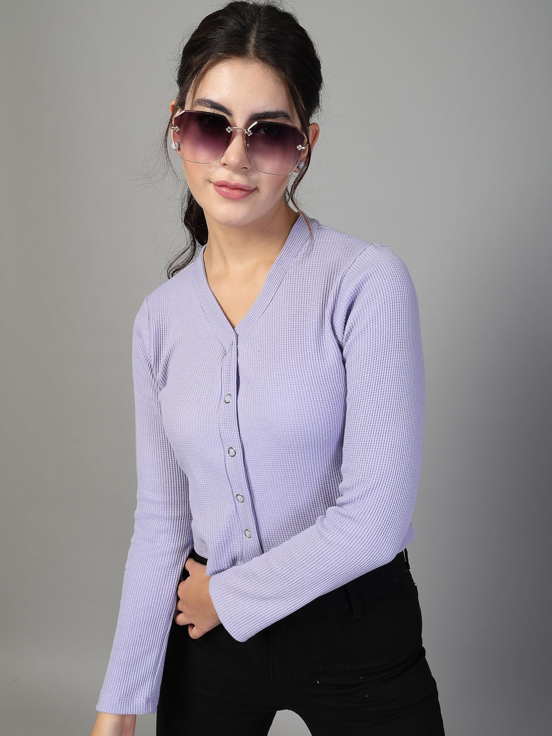 Rigo Women's V-Neck Rib Knit Top - Light Purple - Image 3