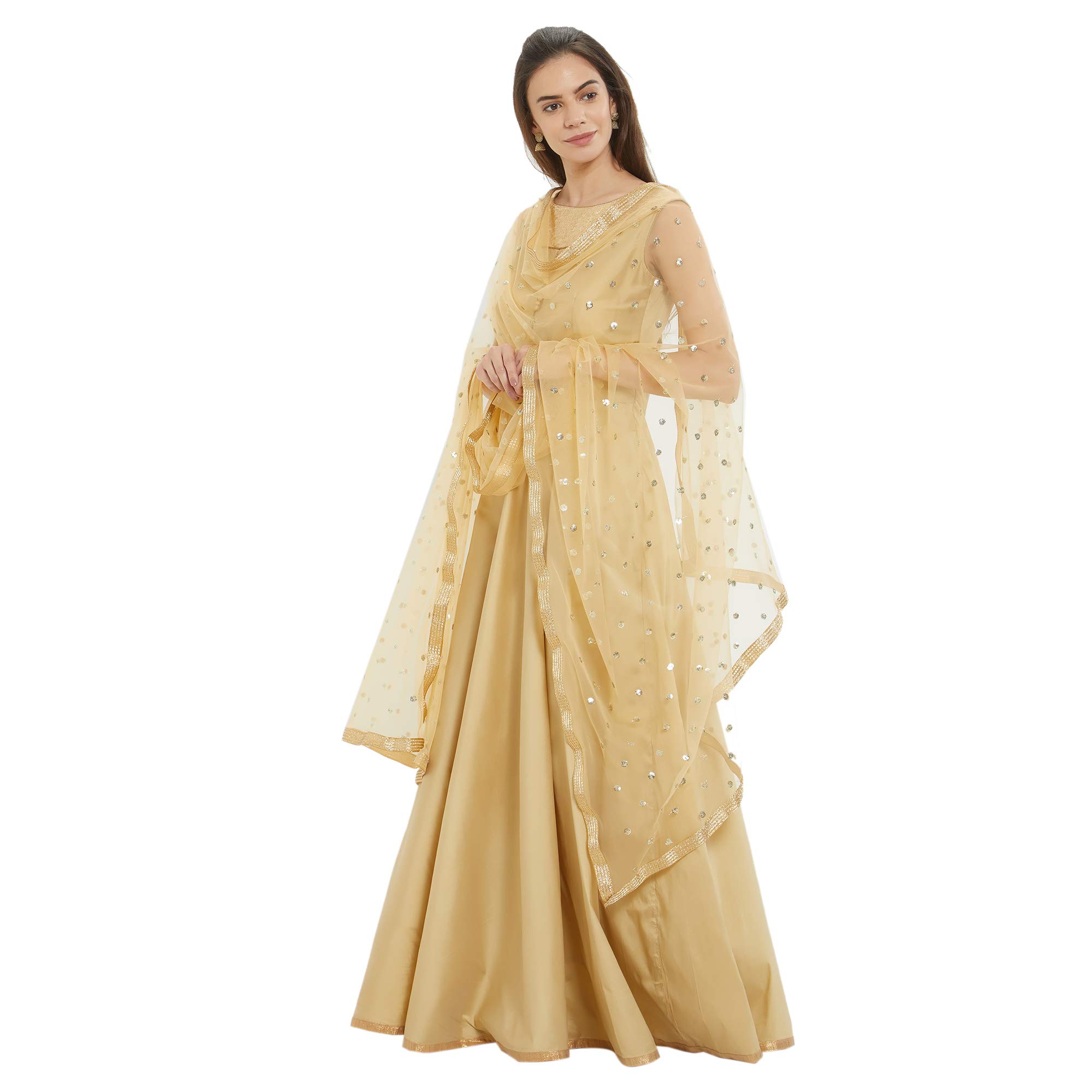 DUPATTA BAZAAR Woman Embellished Beige Net Dupatta - Image 4