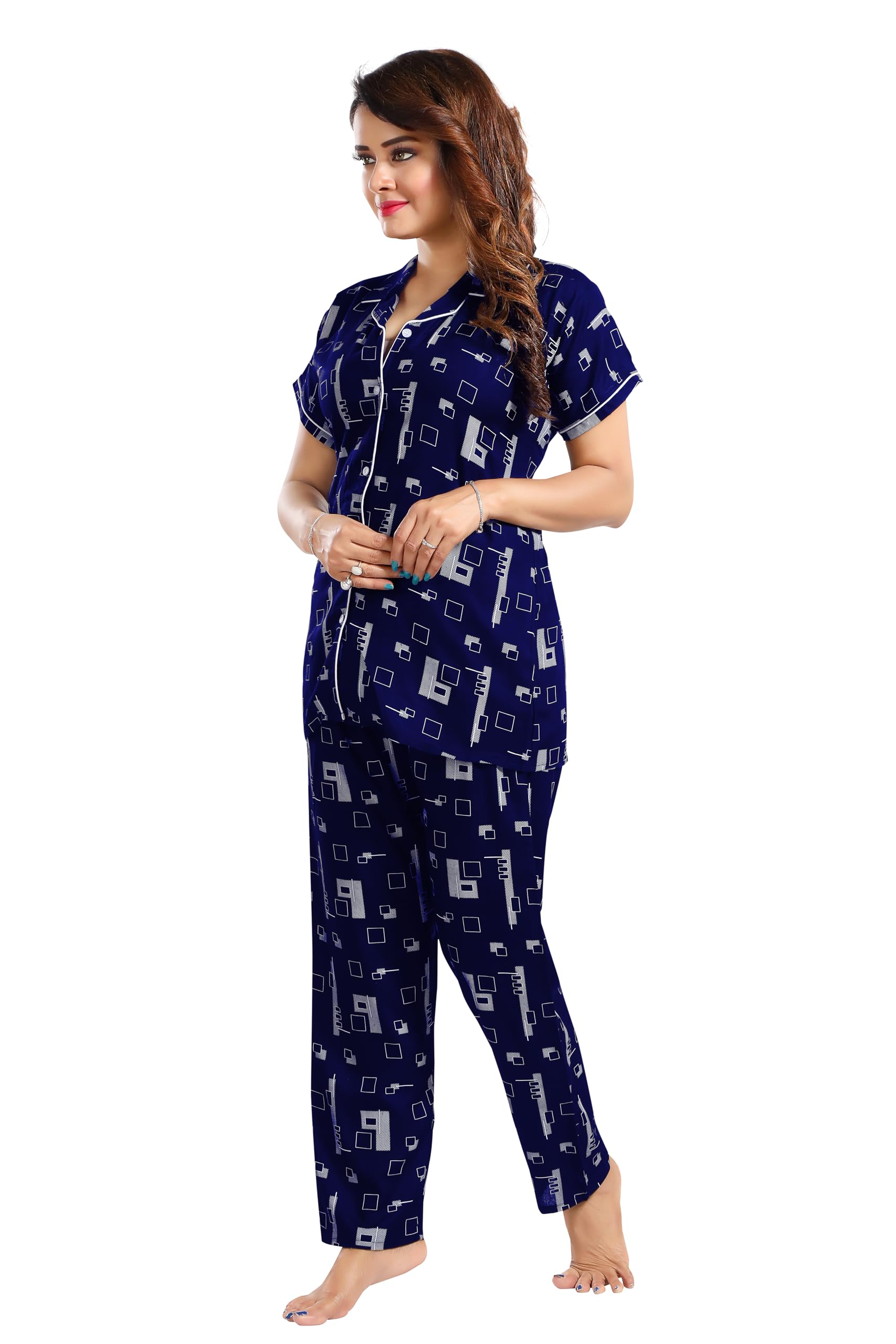 YAZIA Women's Blue Cotton Printed Night Suit