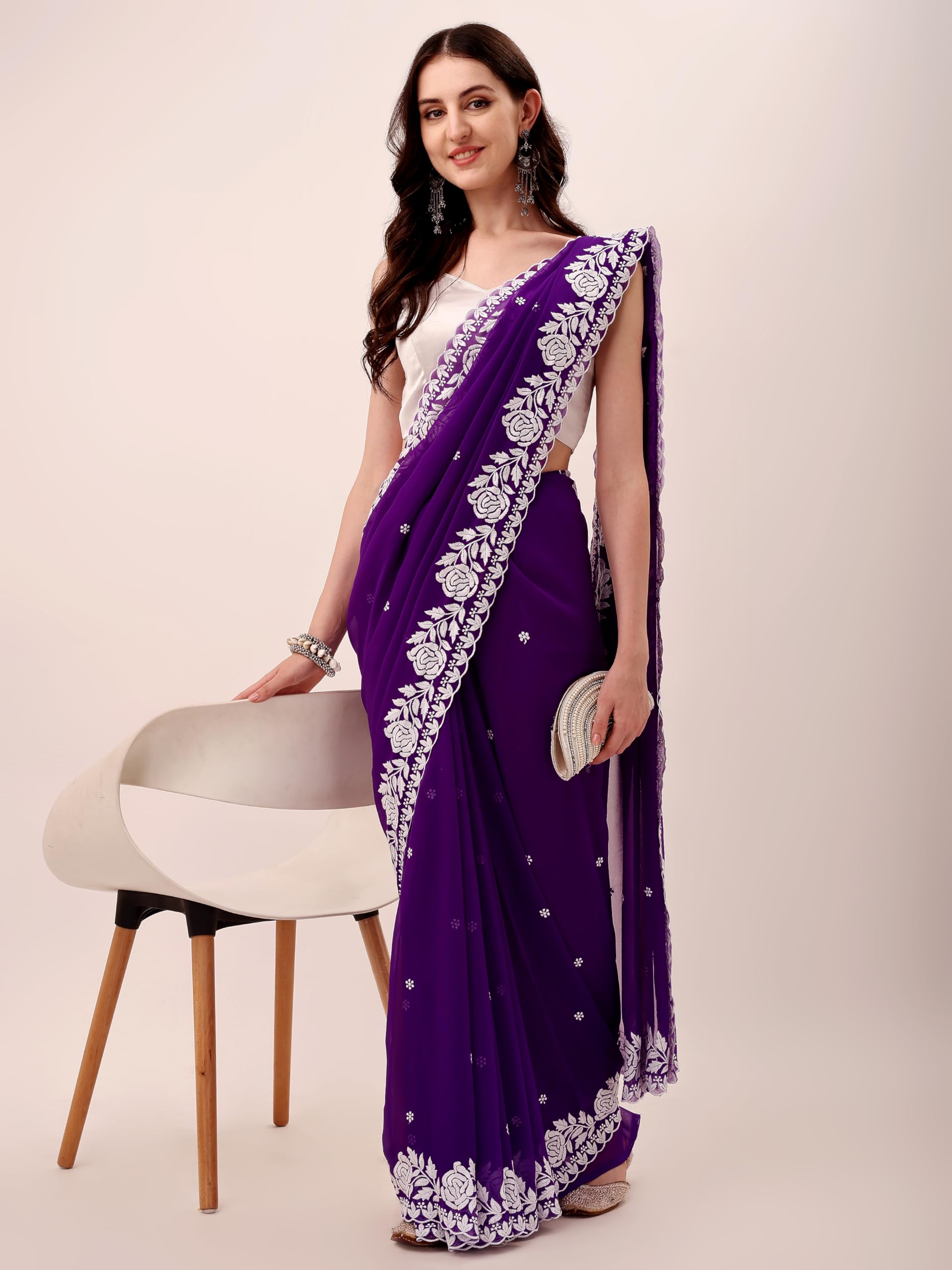 HESVI Women's Georgette Embroidery Saree - Purple - Image 5