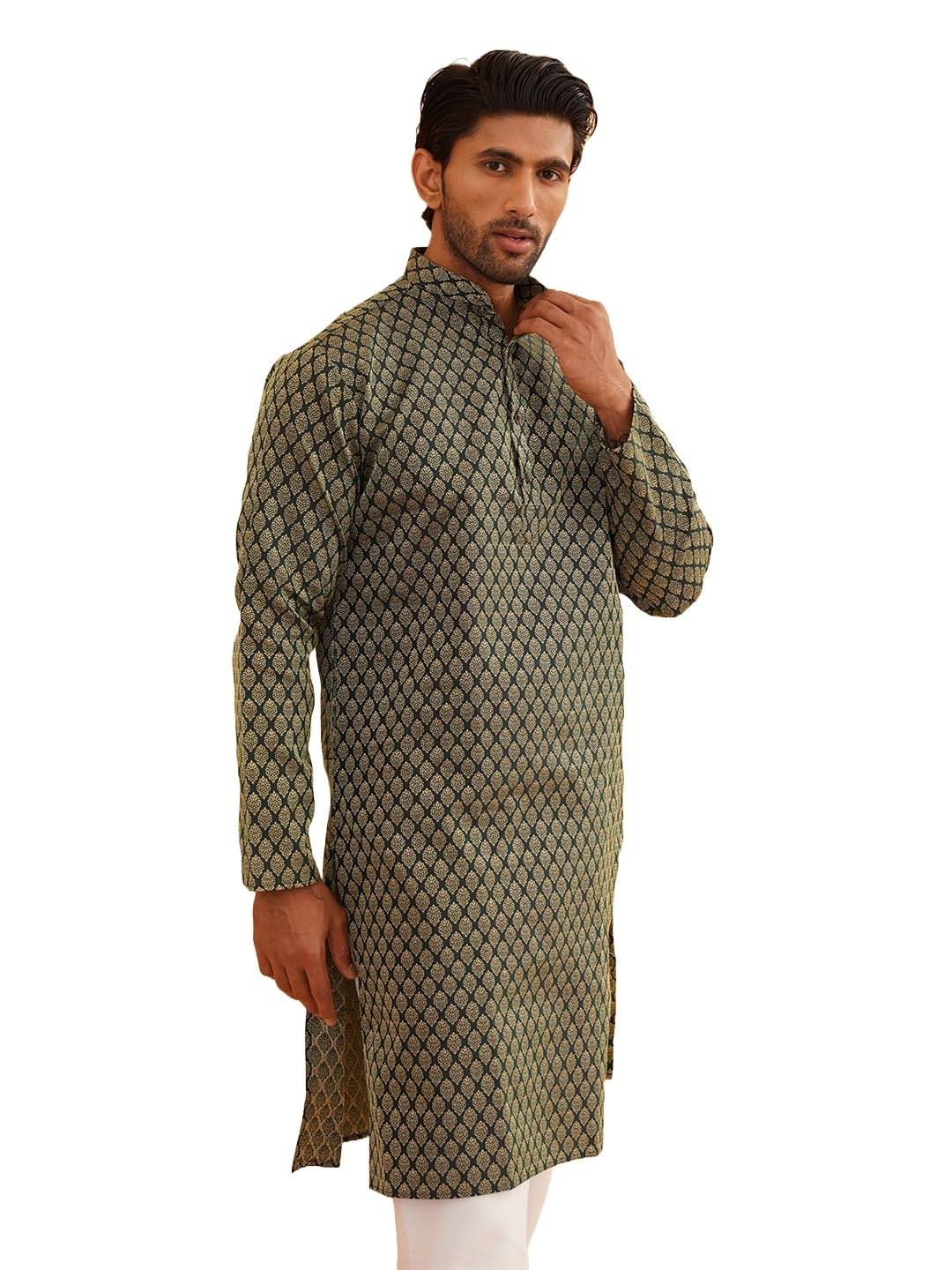 SOJANYA Kurta for Men - Dark Green Jacquard Silk