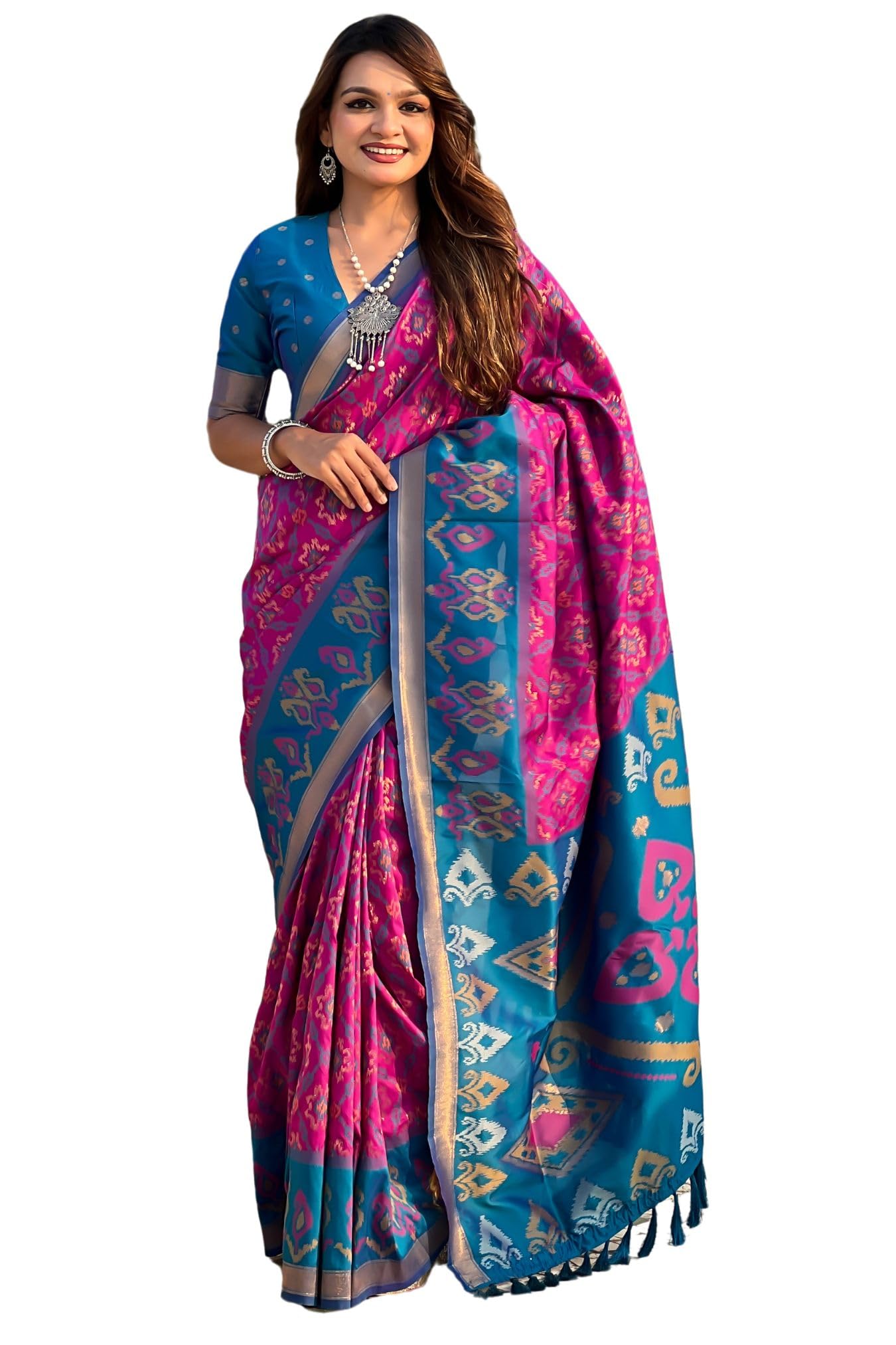 GarbGlide Women's Kanjivaram Patola Silk Saree - Pink Blue