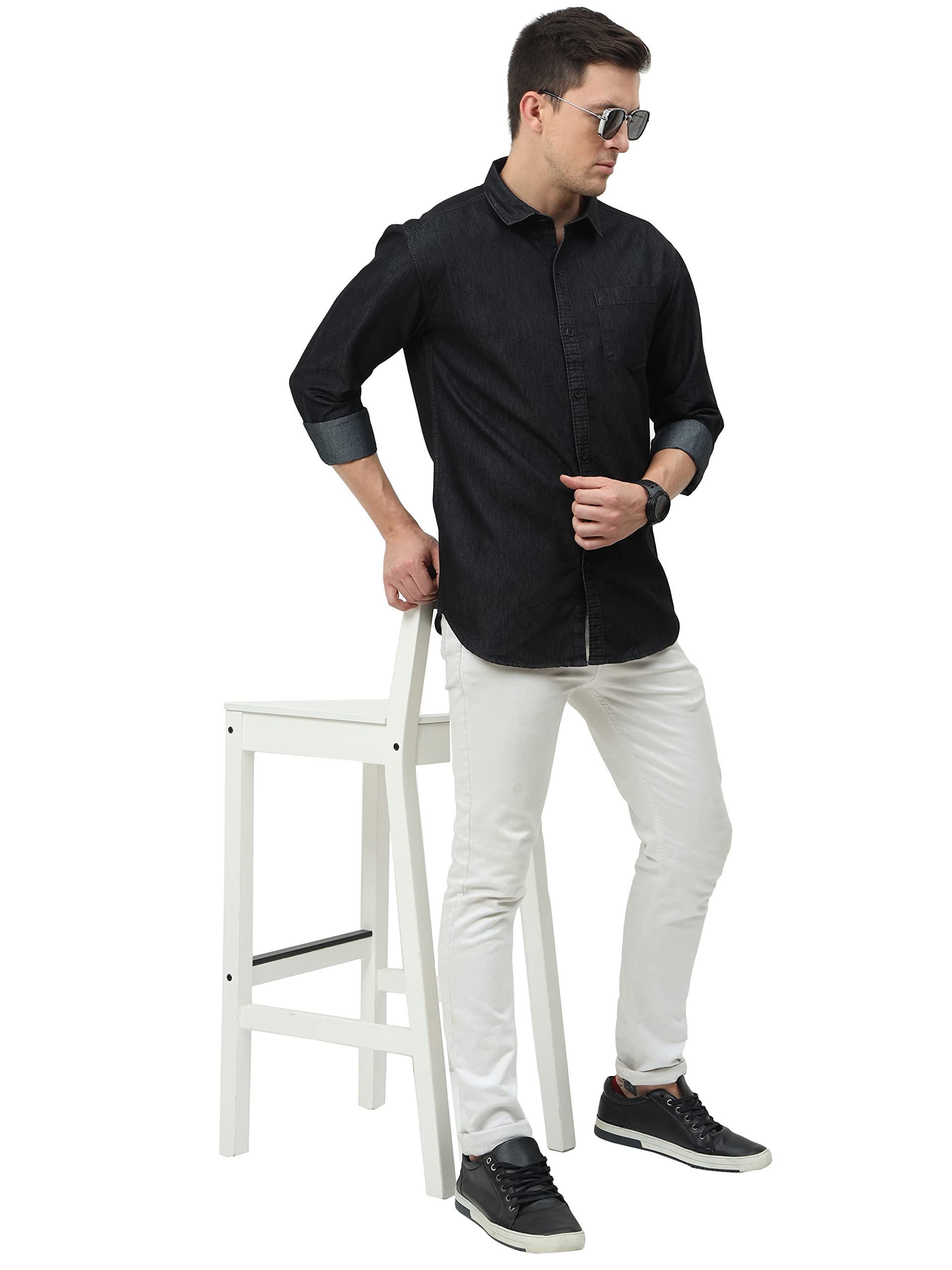 Miraan Men's Black Denim Cotton Shirt - Image 5