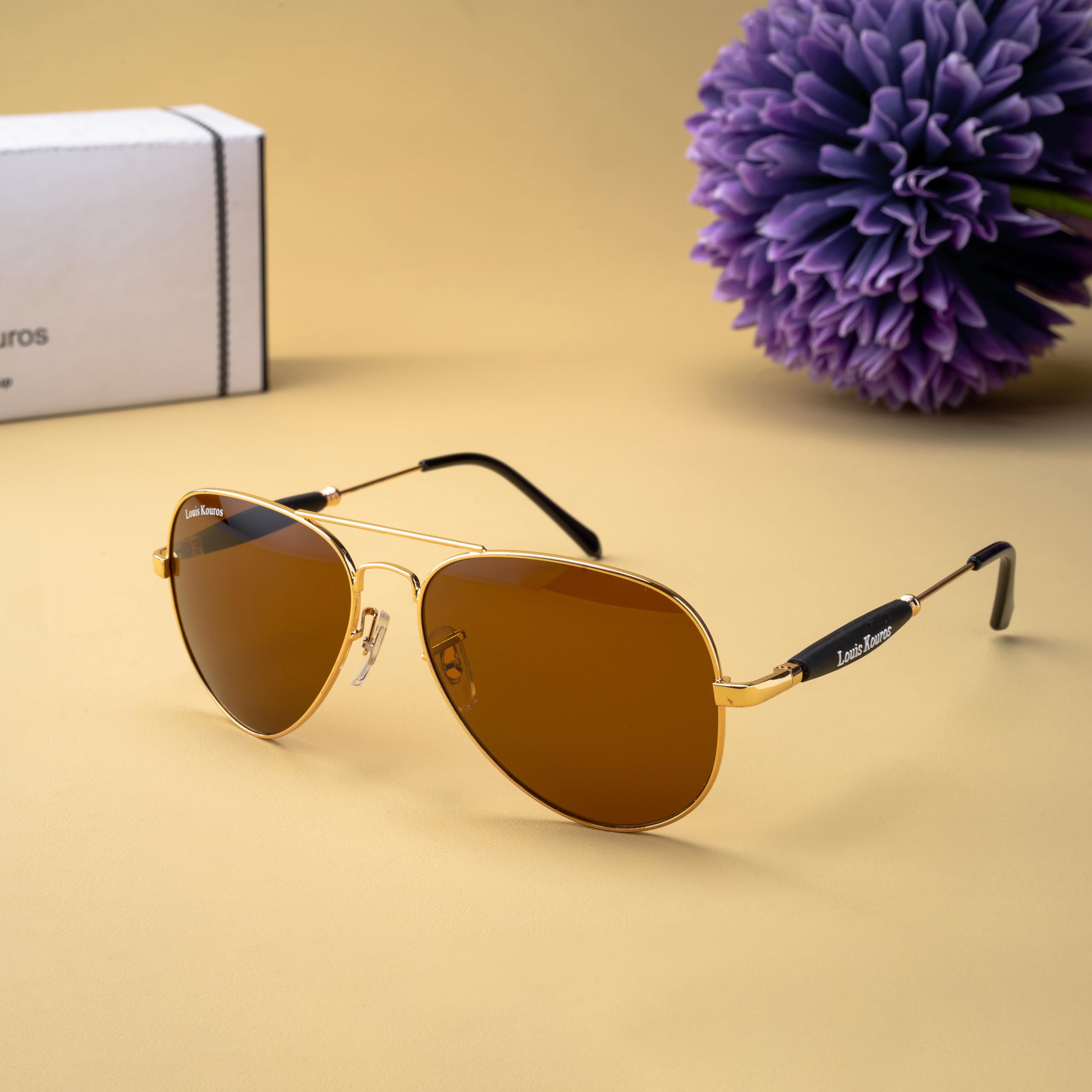 Louis Kouros Airomade Aviator Sunglasses - Gold Brown Mirror - Image 5