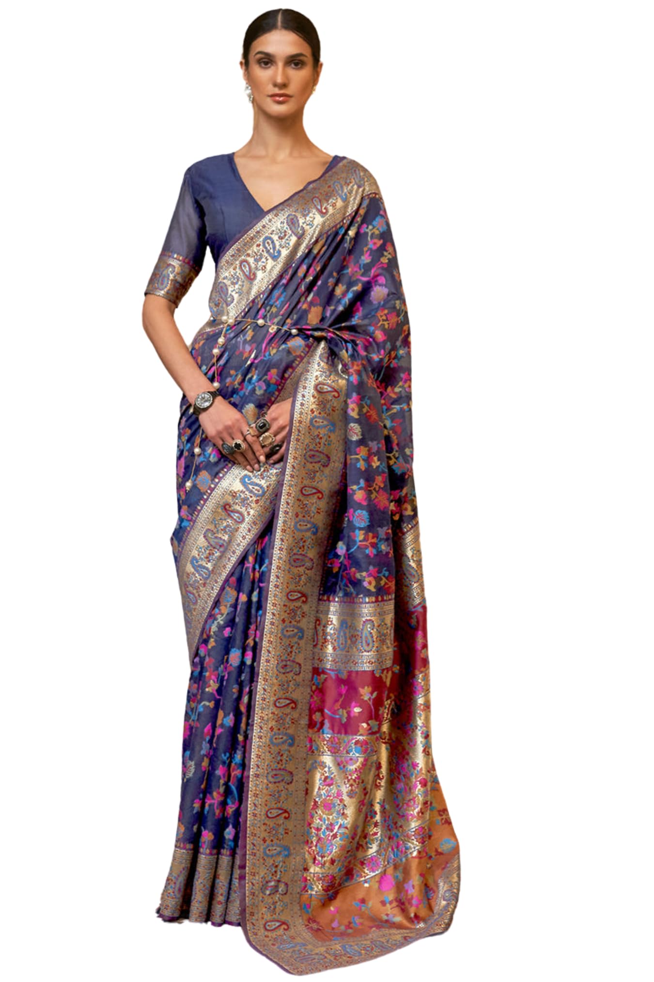 Kanjivaram Silk Saree - Dark Blue with Golden Zari