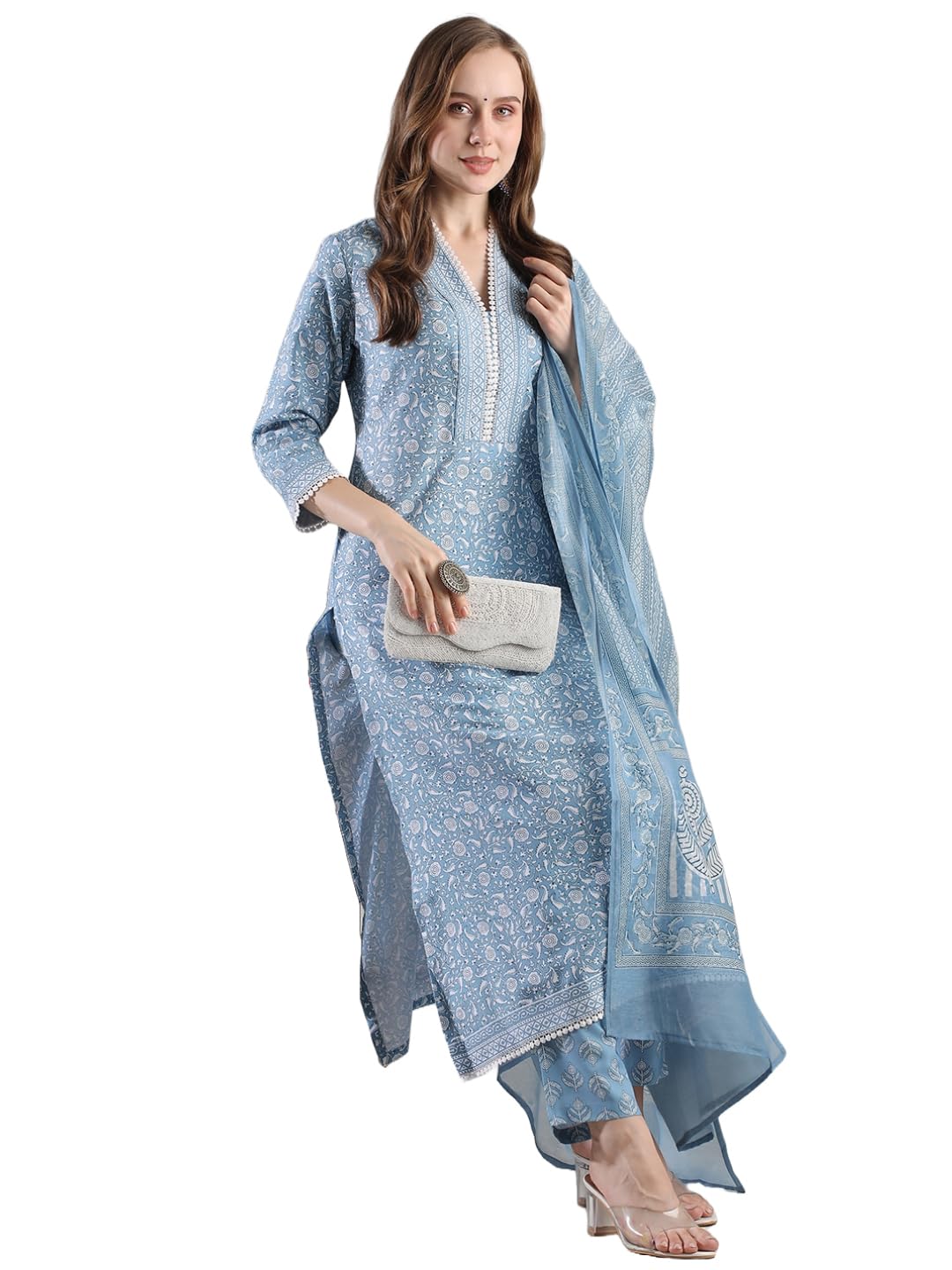 GoSriKi Women's Rayon Blend Kurta with Pant & Dupatta - Blue