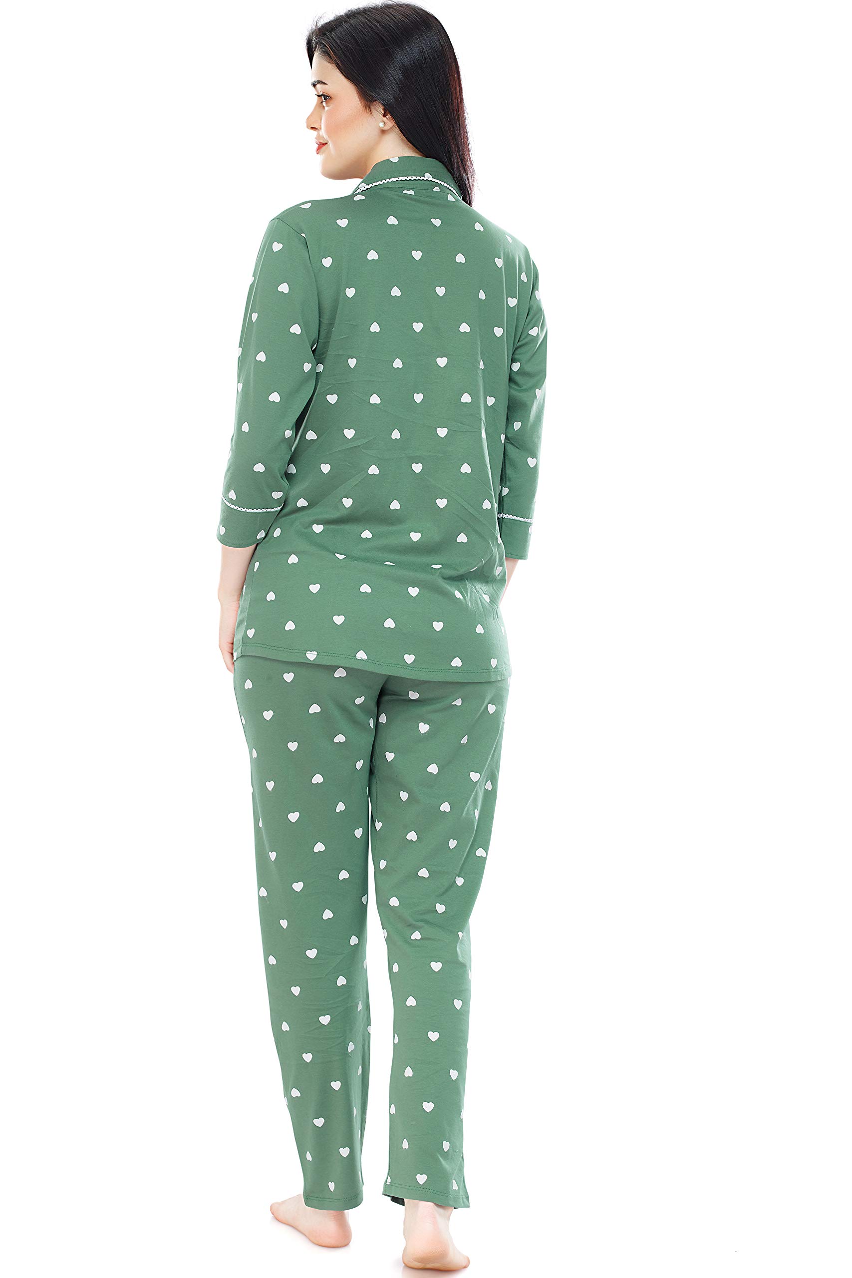 ZEYO Women's Cotton Heart Printed Green Night Suit - Image 3