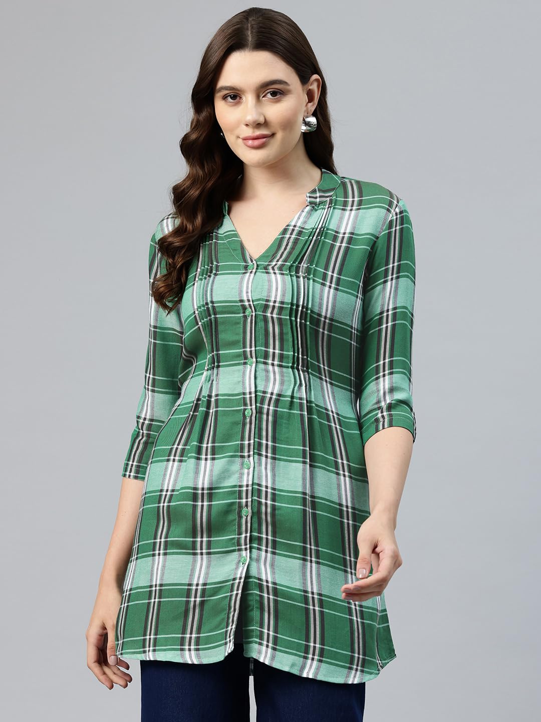 One Femme Green Plaid Tunic Top for Women - Image 2