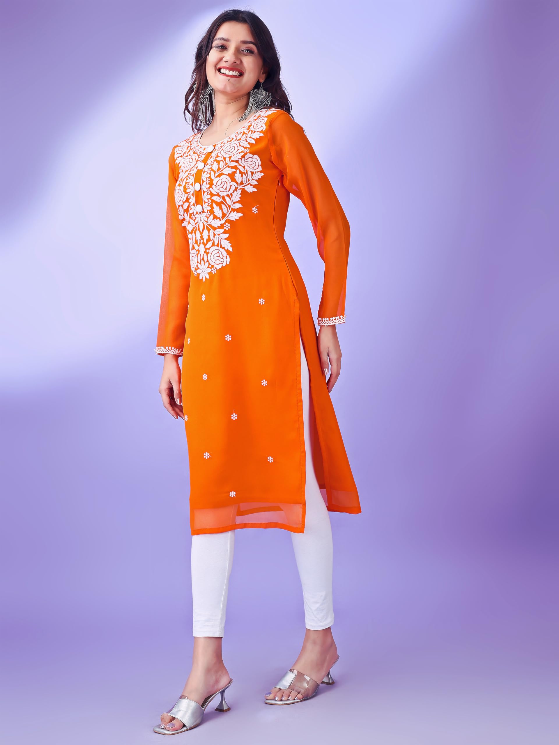 HESVI Women Georgette Kurti White Chikankari - Image 5