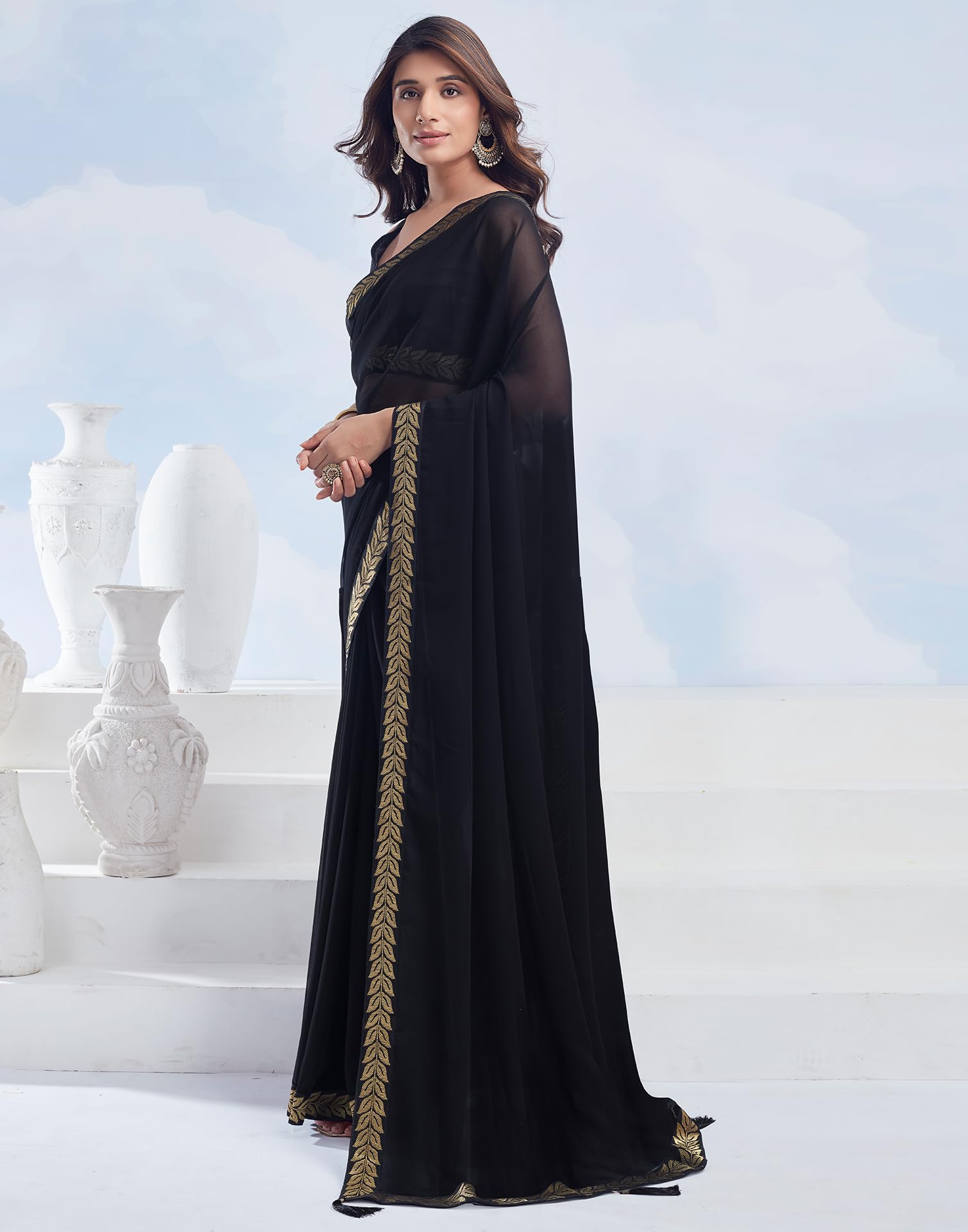 SIRIL Black Georgette Lace Saree for Women - Image 2