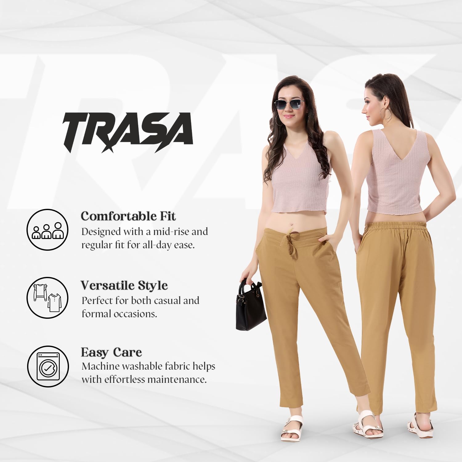 TRASA Soft Cotton Pants for Women & Girls - Beige - Image 2