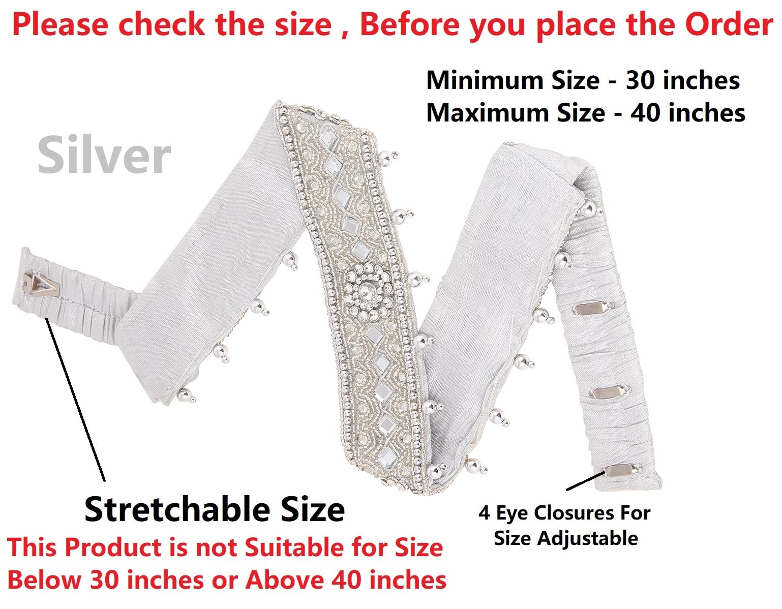 VAMA Women's Embroidery Work Cloth Vaddanam Belt - Silver White - Image 2