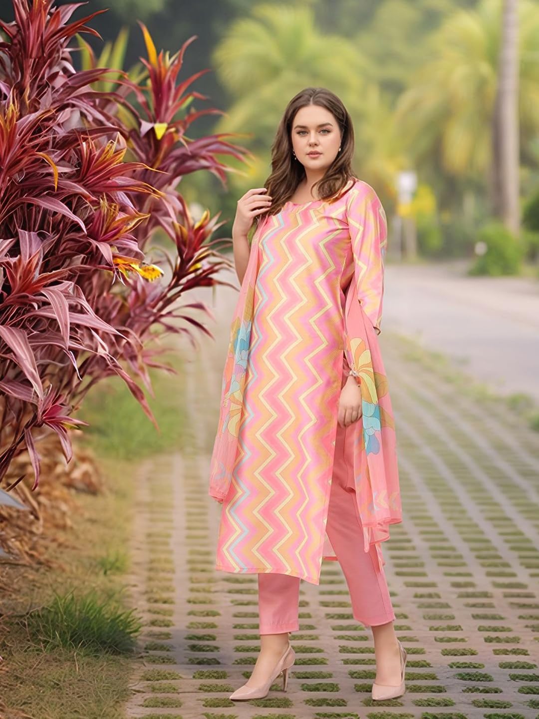 ANNI DESIGNER Women's Rayon Viscose Kurta with Pant & Dupatta - Pink - Image 4