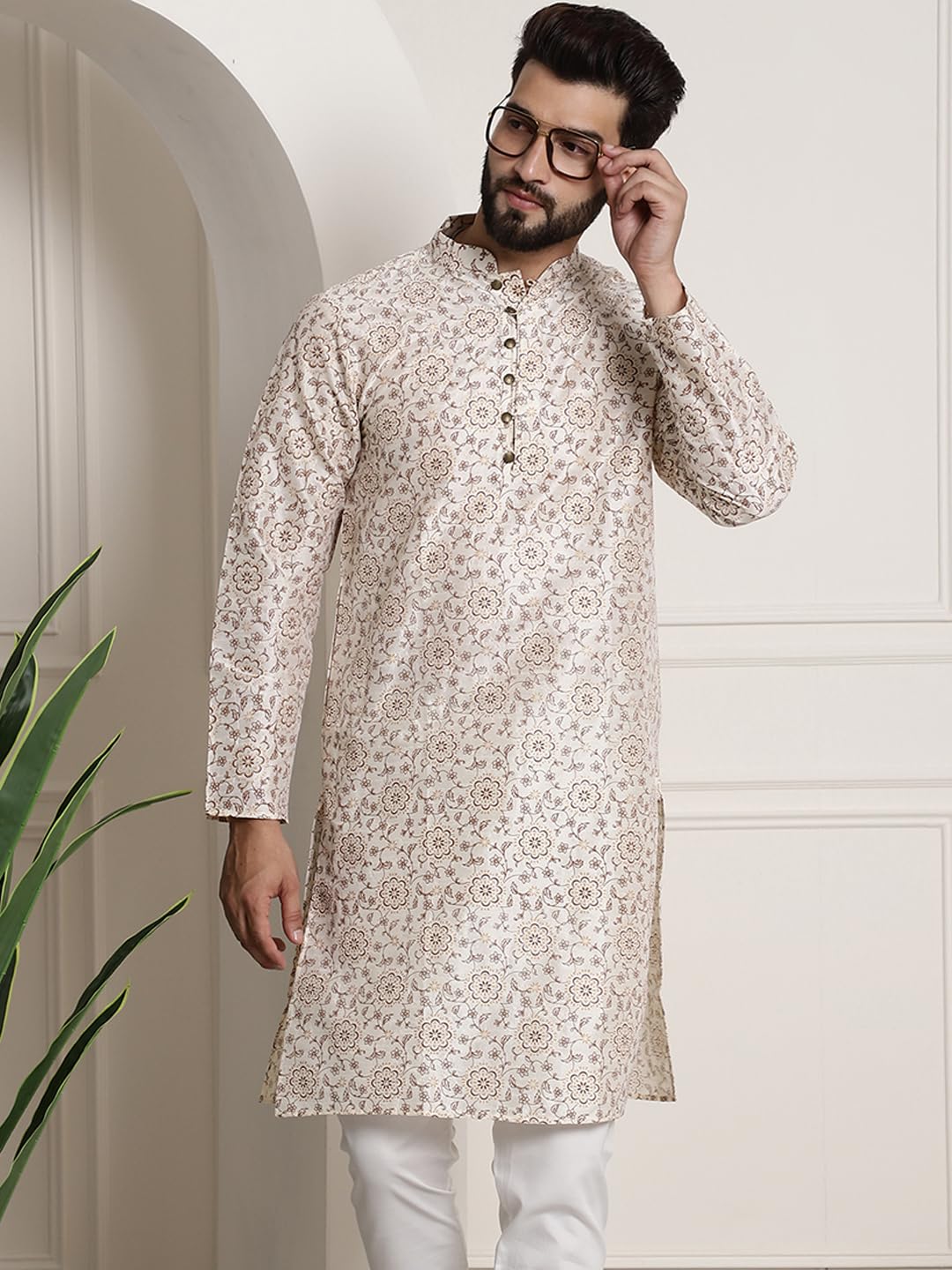 SOJANYA Men's Silk Blend Kurta - Cream - Image 2