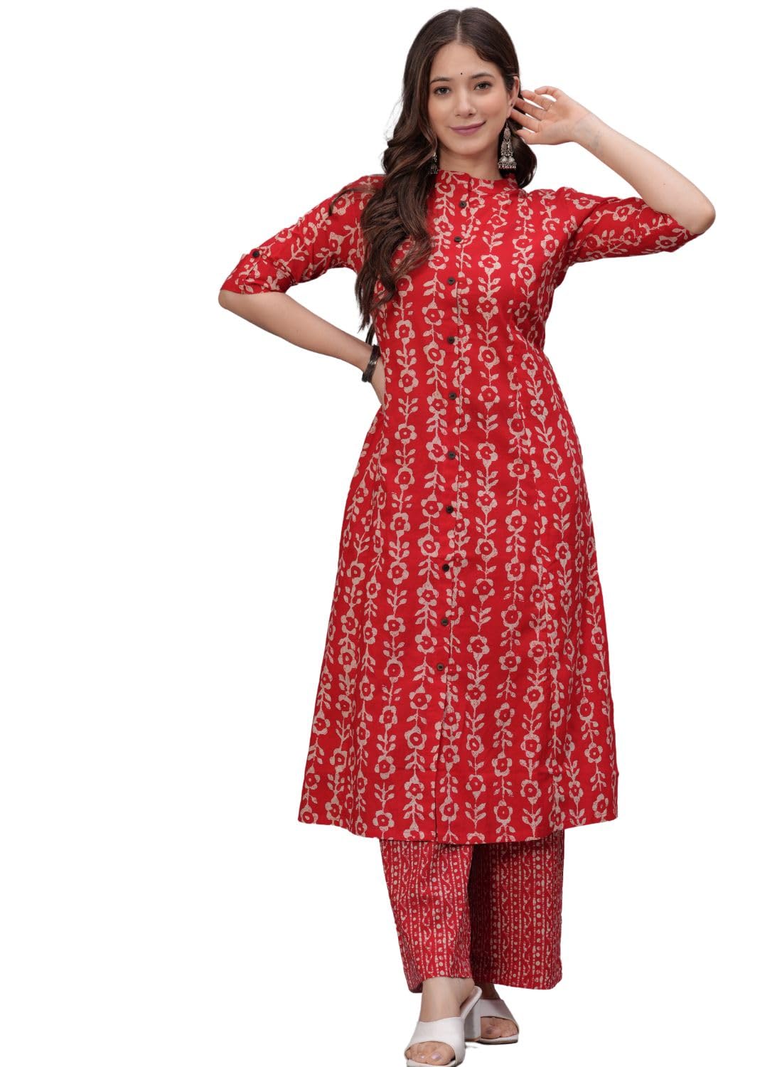 rytras Women's Pure Cotton Printed A-Line Kurta Set - Red