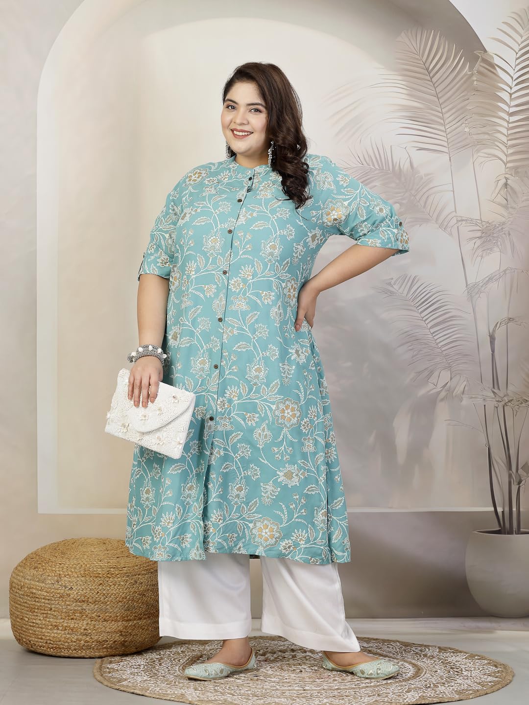 Stylum Women's Floral Print Rayon A-Line Kurta - Aqua - Image 5