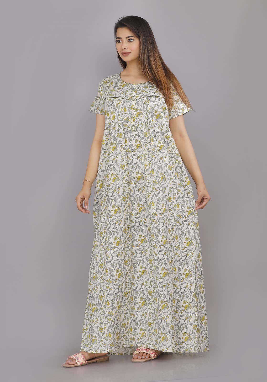 Urali Women's Printed Cotton Maxi Night Gown - Cream - Image 2