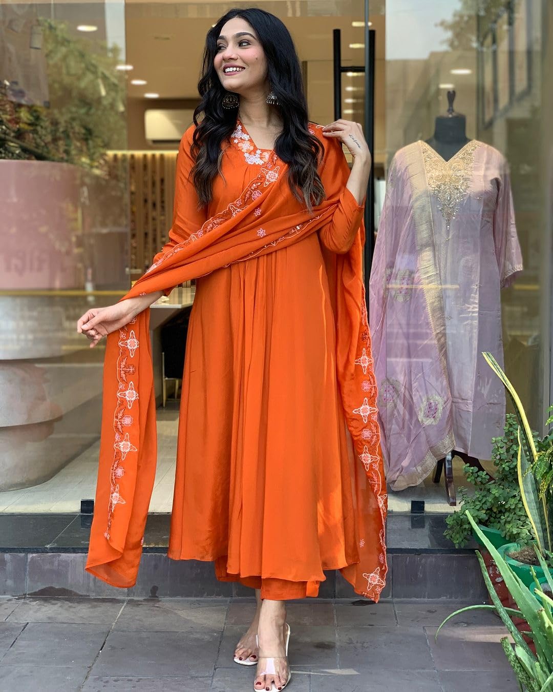 GoSriKi Women's Anarkali Kurta with Pant & Dupatta - Orange - Image 2