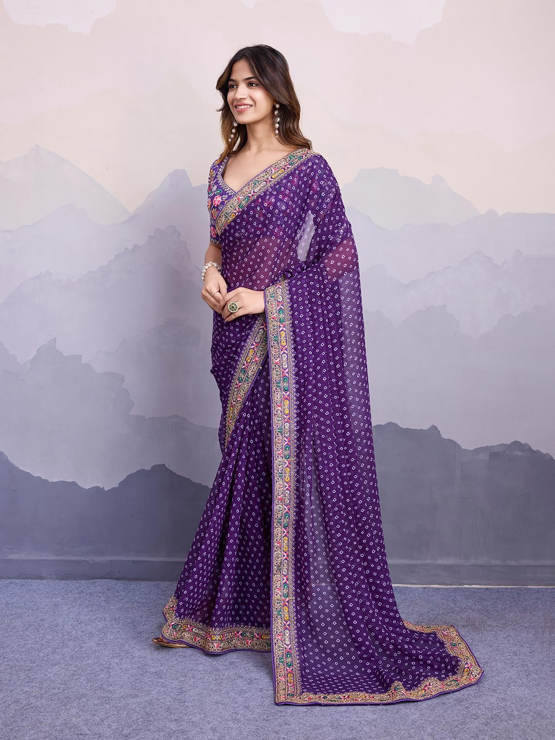 Georgette Saree with Embroidery - Purple - Image 3
