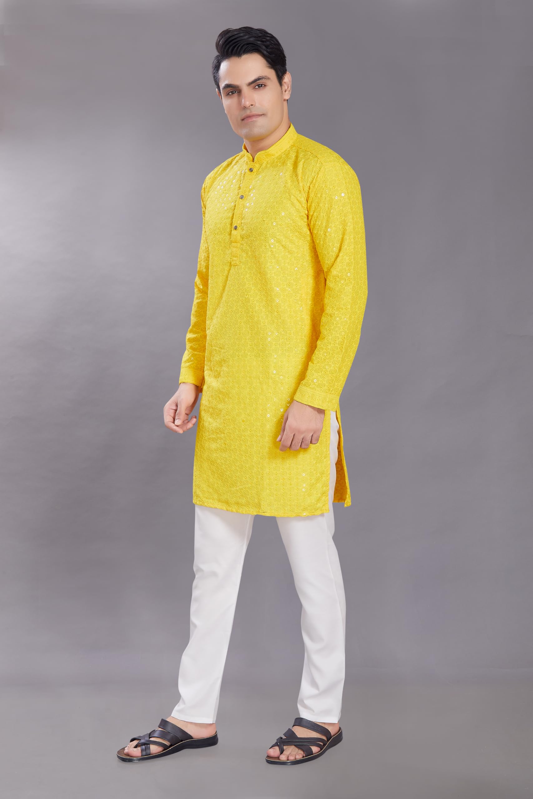 DIVISIVE Men's Sequined Embroidered Kurta - Yellow - Image 4