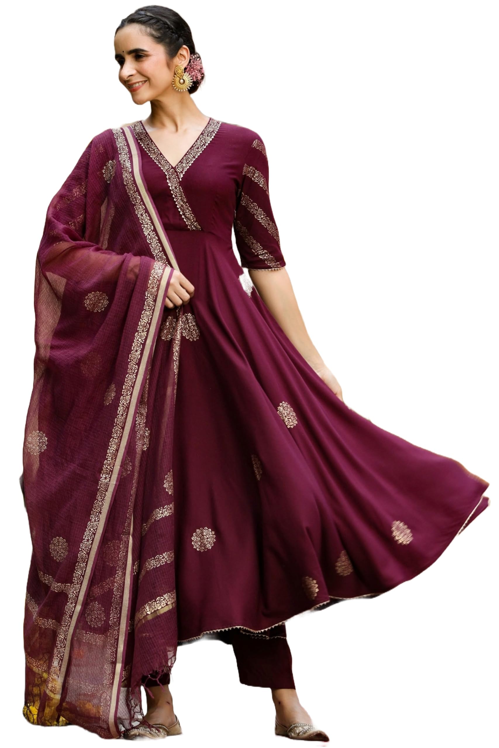 GoSriKi Women's Cotton Blend Anarkali Kurta - Wine