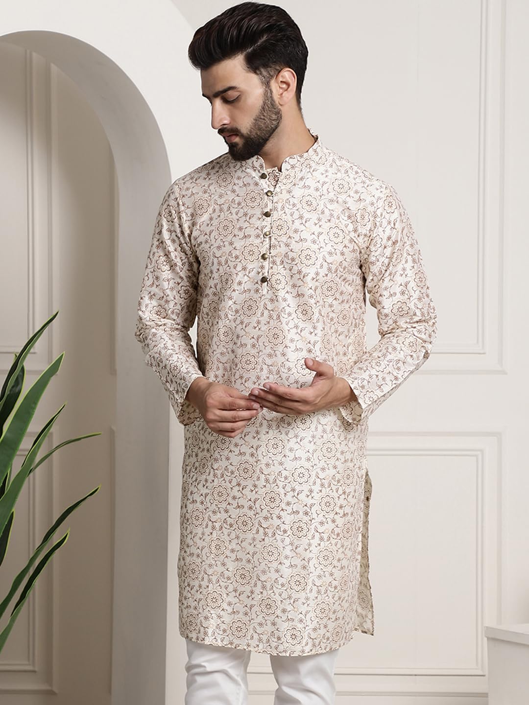 SOJANYA Men's Silk Blend Kurta - Cream - Image 3