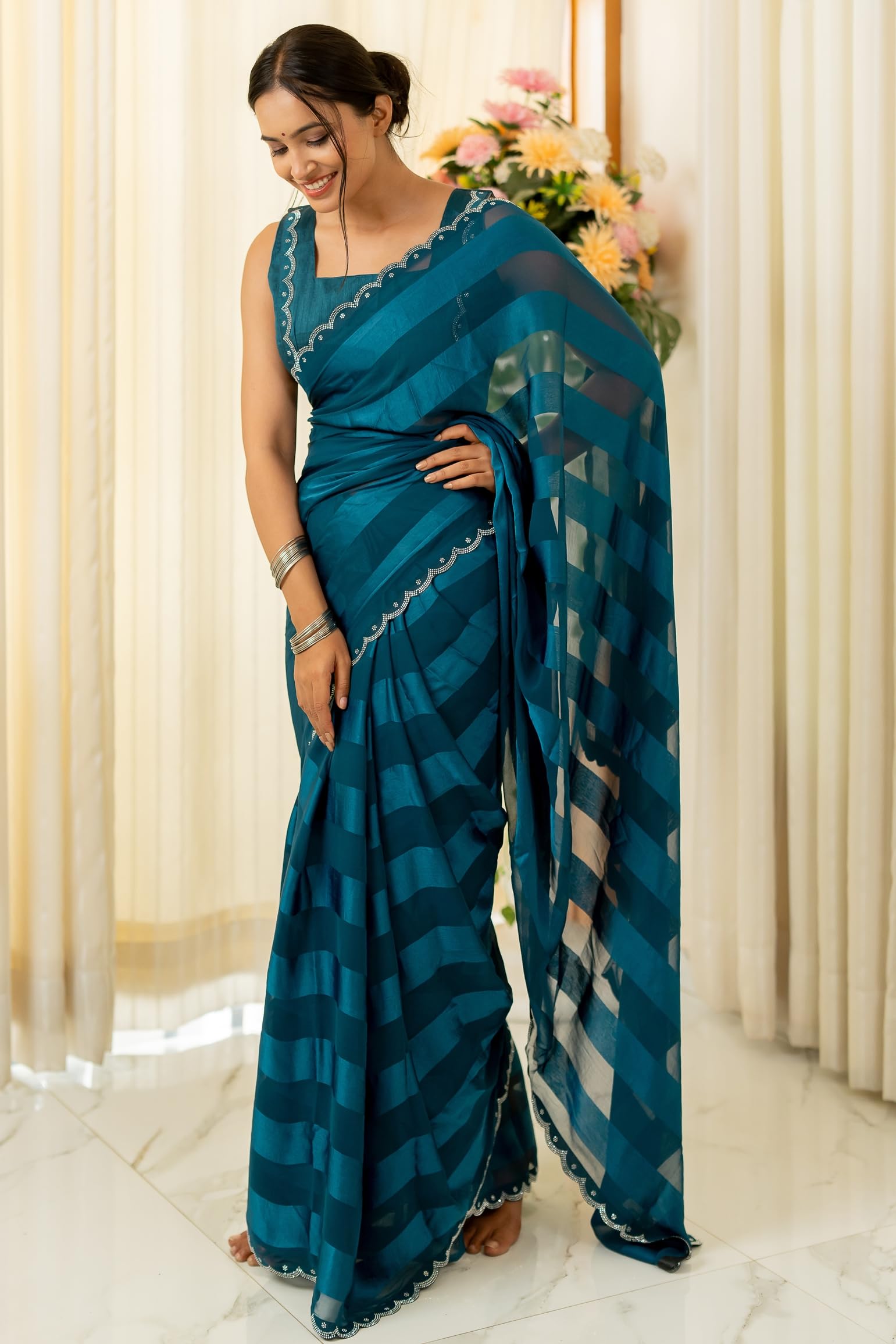 Subham Women Georgette Satin Saree - Dark Rama Blue - Image 3
