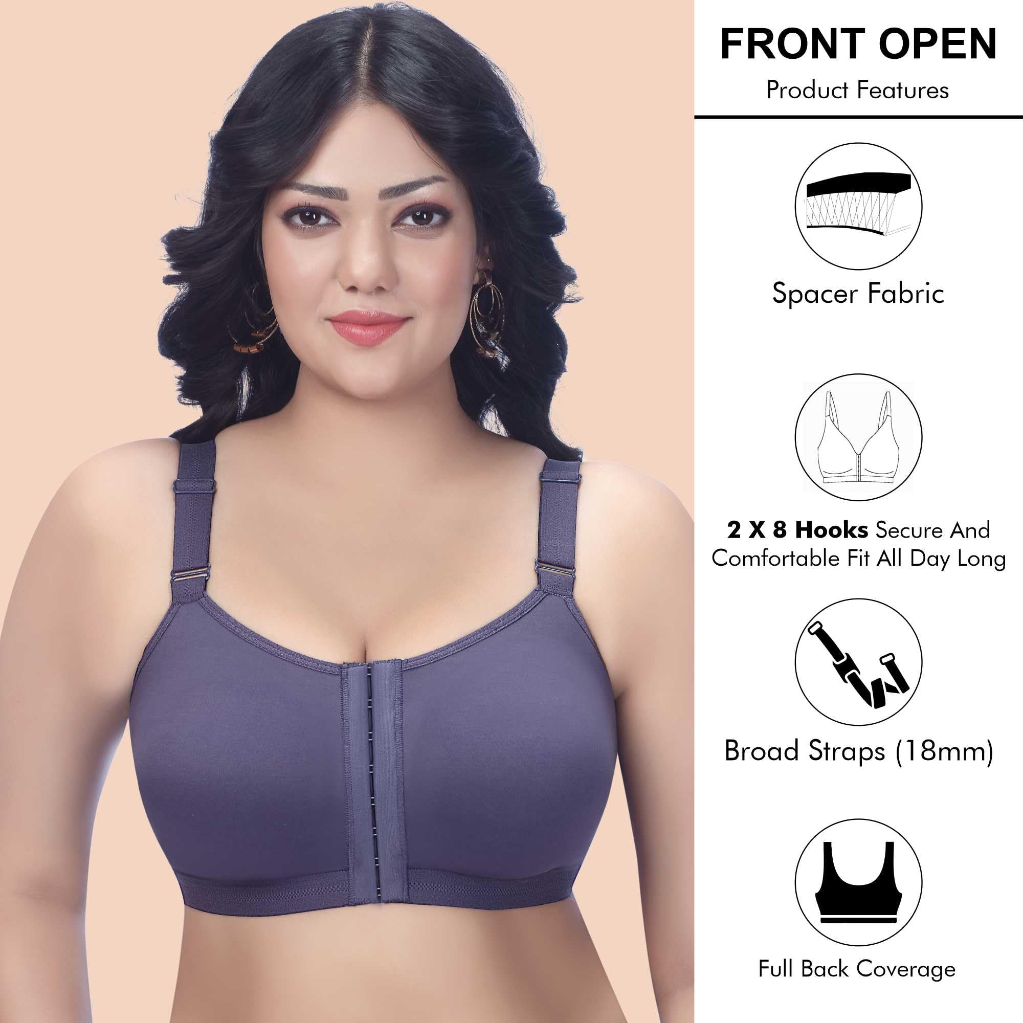 TRYLO Front Open Bra - Grey - Image 4