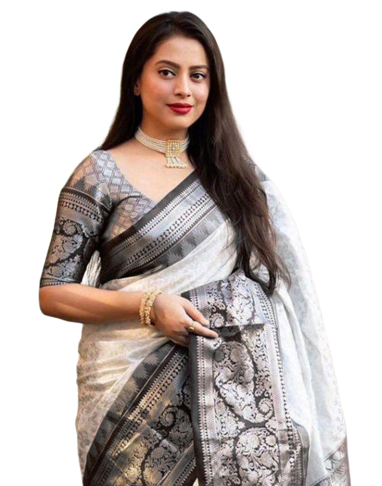 SIRIL Banarasi Silk Saree for Women - White & Black