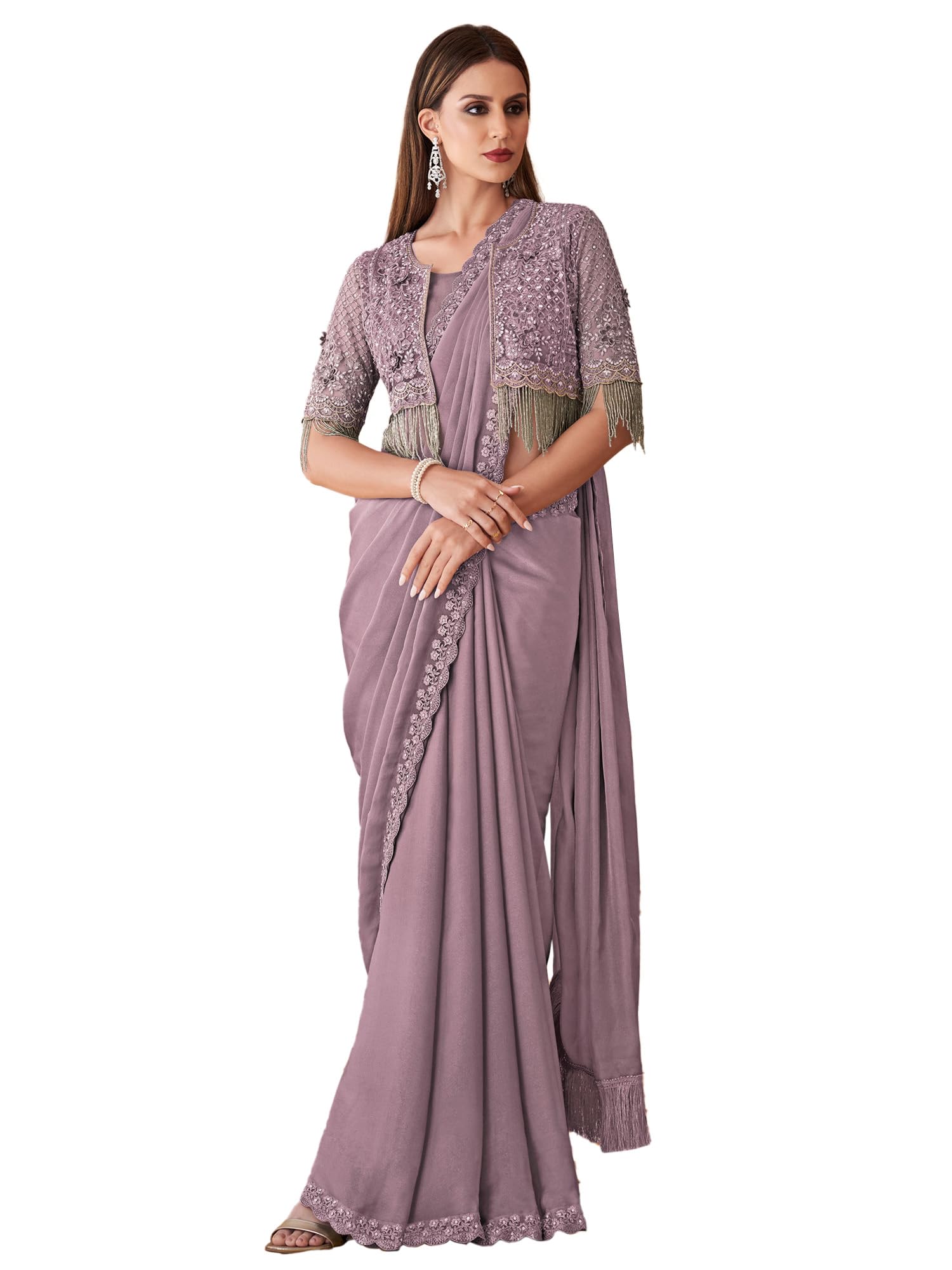 AKHILAM Women's Lavender Georgette Saree