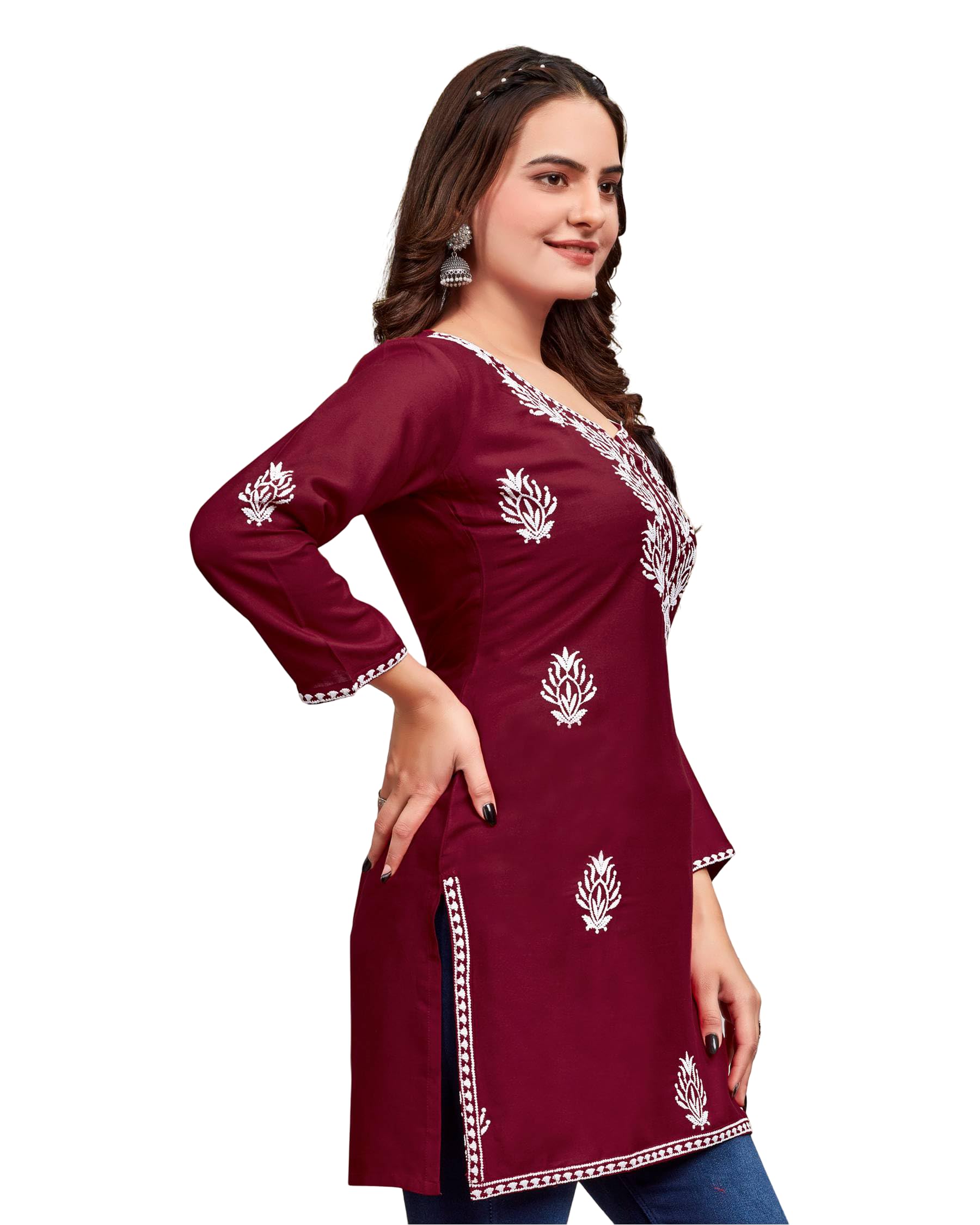 Dharm House Women's Rayon Chikankari Kurti - Maroon - Image 3
