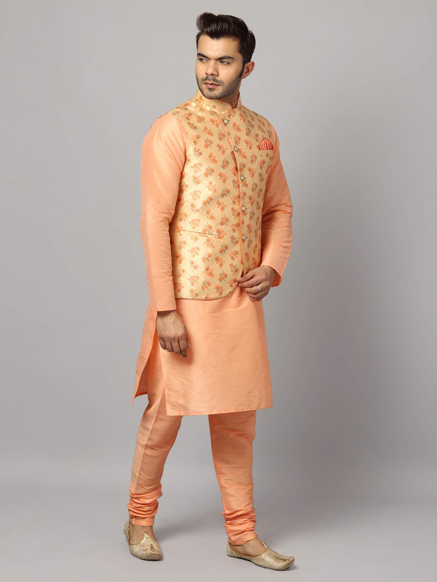 Uri Fashion Men Peach Dupion Silk Kurta Pyjama - Image 3
