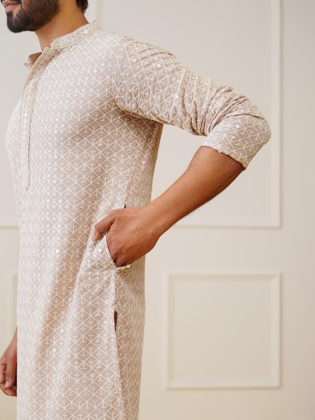 Jompers Mens Beige Sequin Kurtas - Image 4