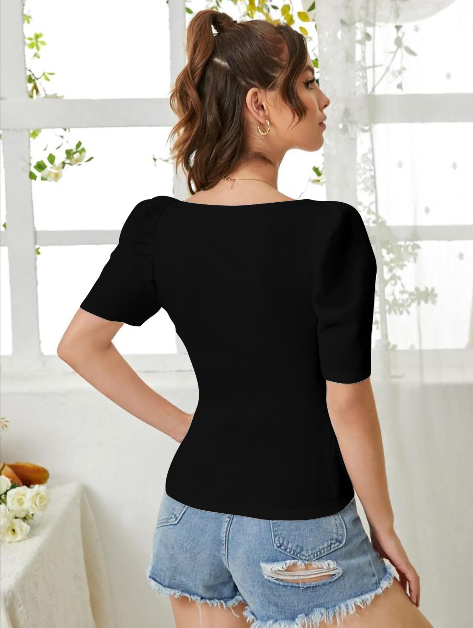Elegant Black Tee for Women - Sweetheart Neck - Image 3