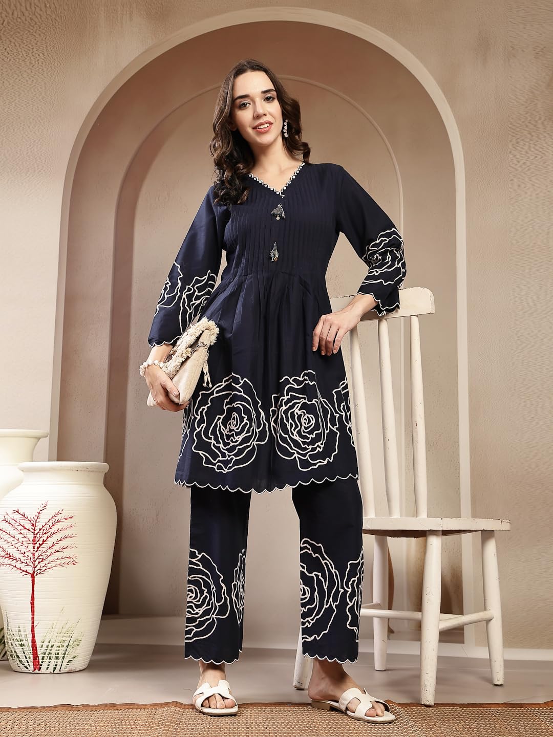 Navy Blue Embroidered Cotton Kurti Pant Set for Women - Image 5