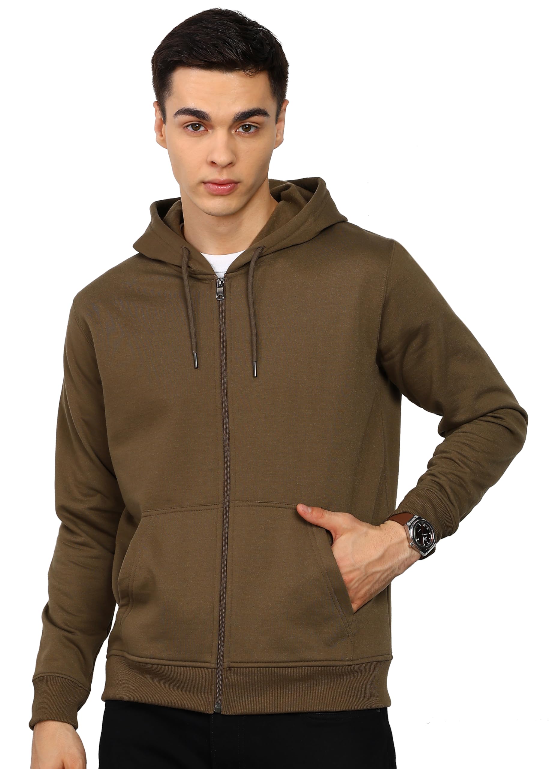 Dark Khaki Zip-Up Hoodie Jacket for Men