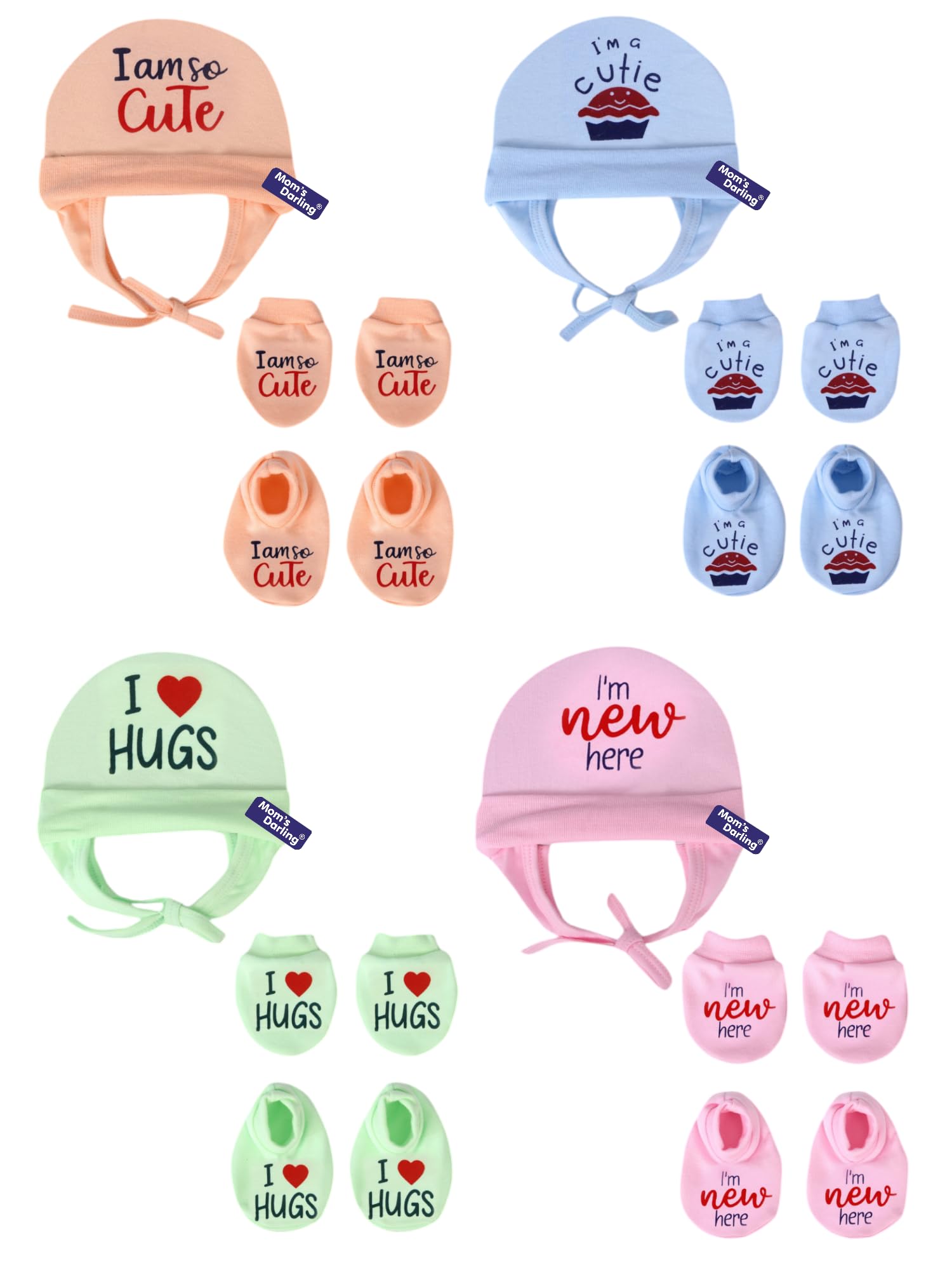 GarbGlide Newborn Baby Cotton Cap Mitten Booties Combo - Multicolor